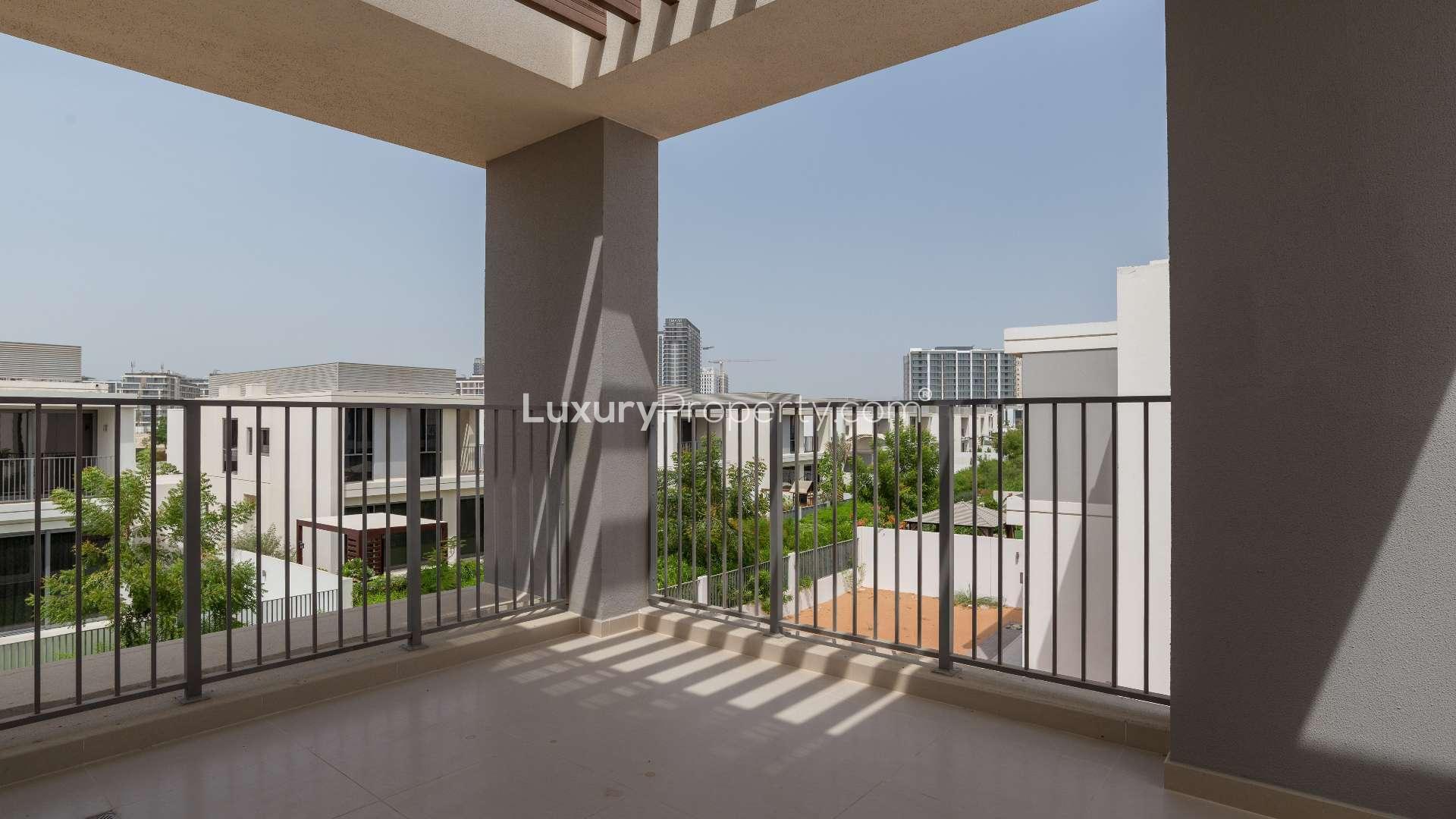 Spacious three-bedroom villa exterior in Sidra, Dubai Hills Estate, available for rent