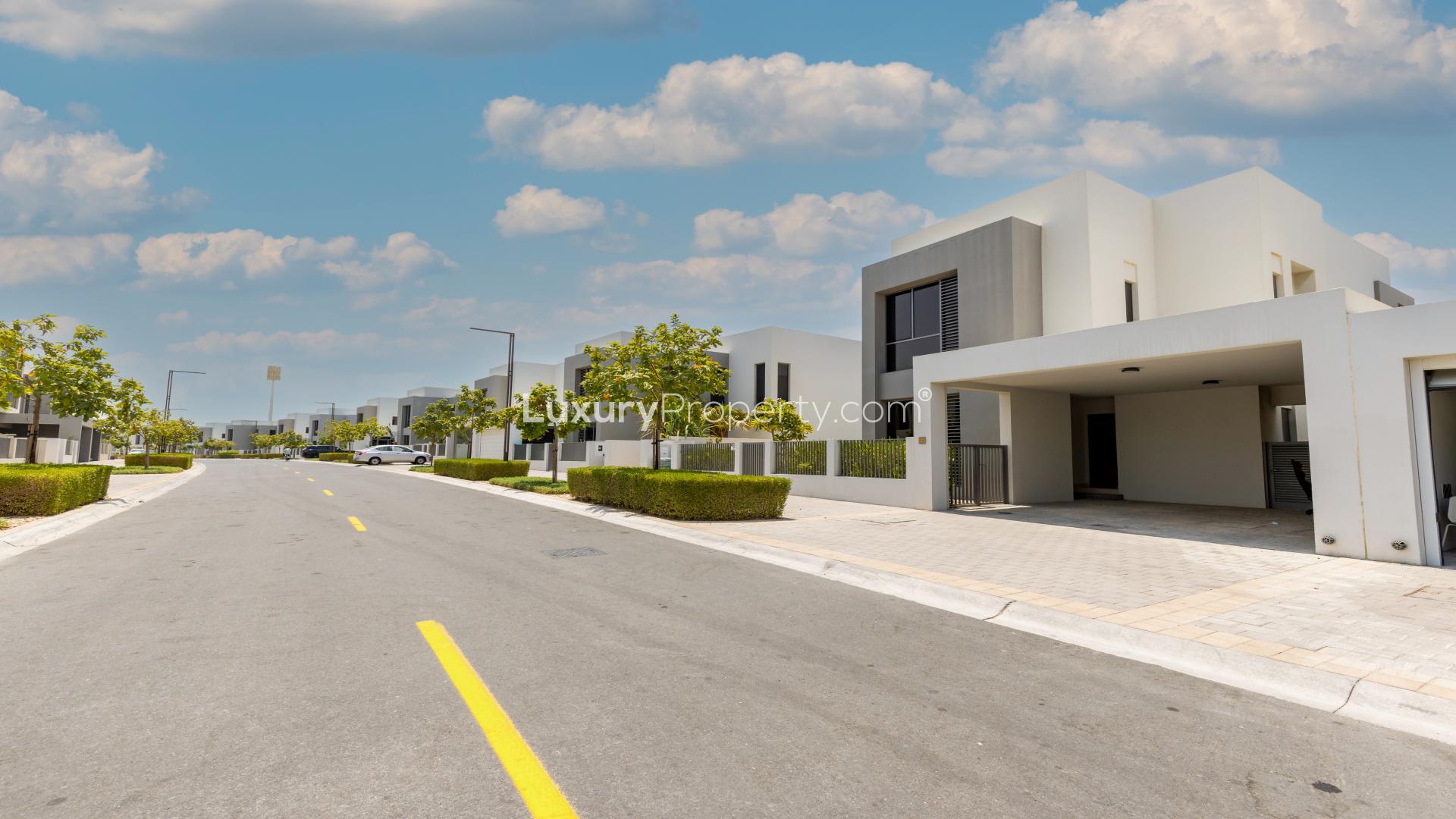 Single row villa exterior in Sidra Villas, Dubai Hills Estate, with landscaped surroundings