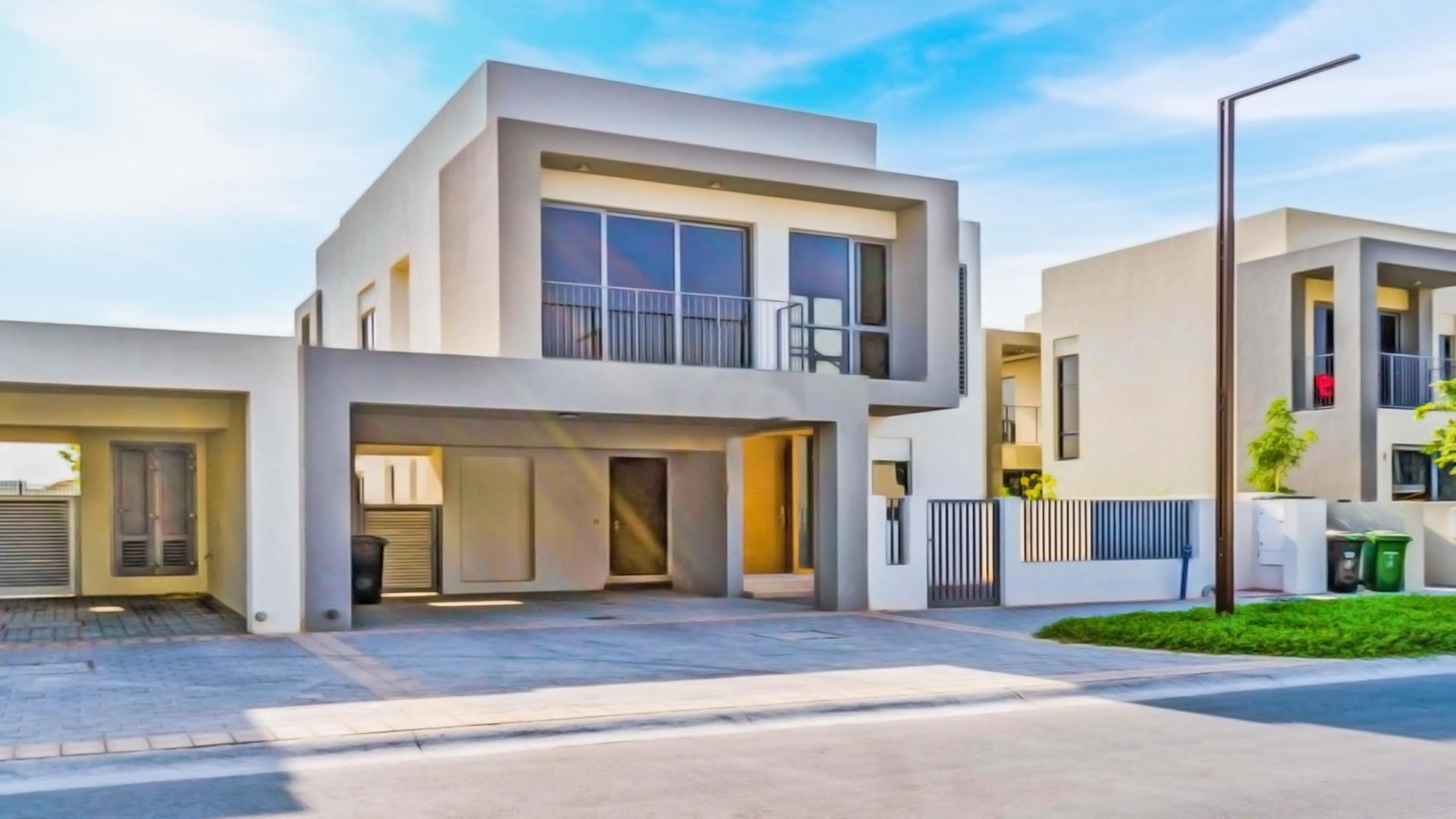 Empty villa room with large window, view of Sidra Villas community, Dubai Hills Estate