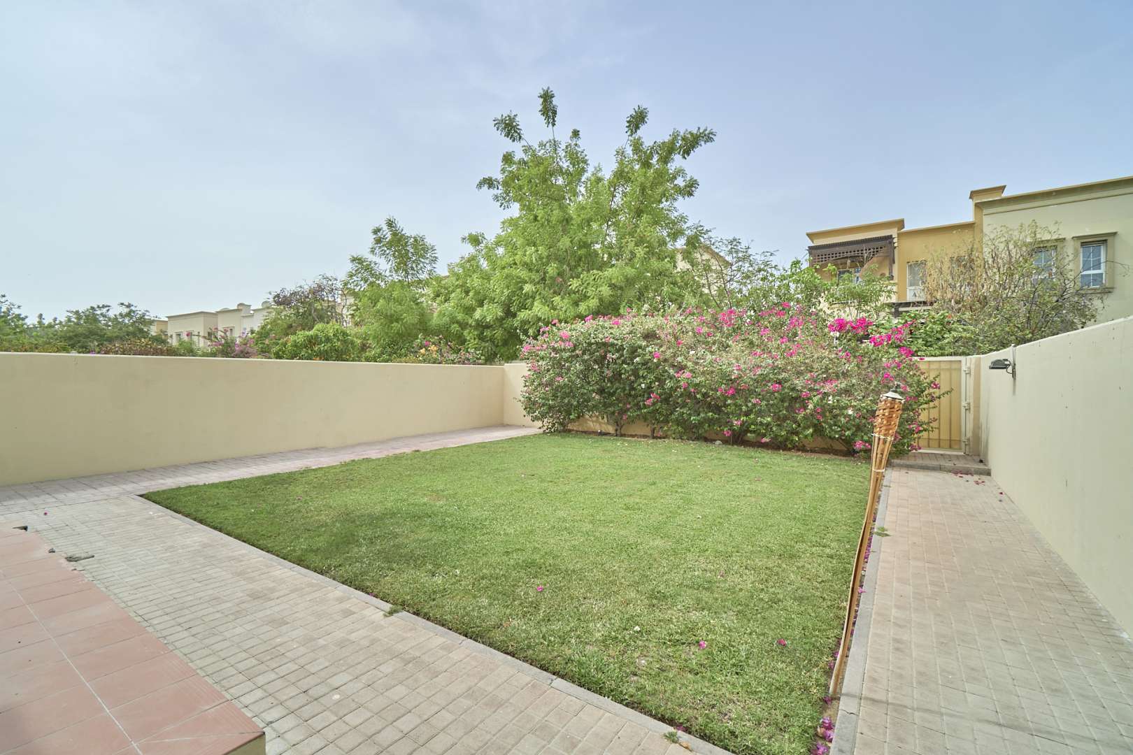 "Landscaped garden view in Springs 11 townhouse, featuring lush greenery and flowering shrubs.",Landscaped garden of 3-bed townhouse in Springs 11, featuring lush greenery and patio