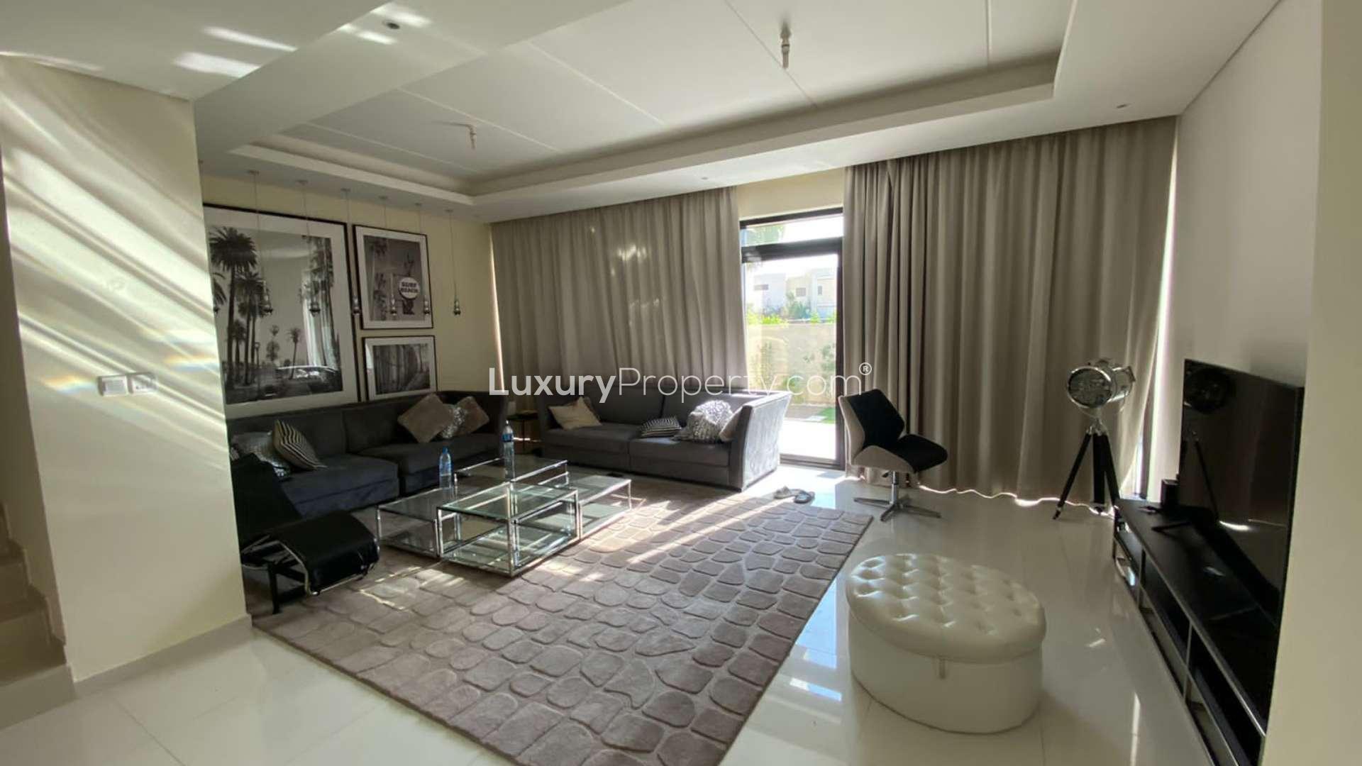 Modern 3-bedroom villa exterior in Topanga, Damac Hills, available for rent