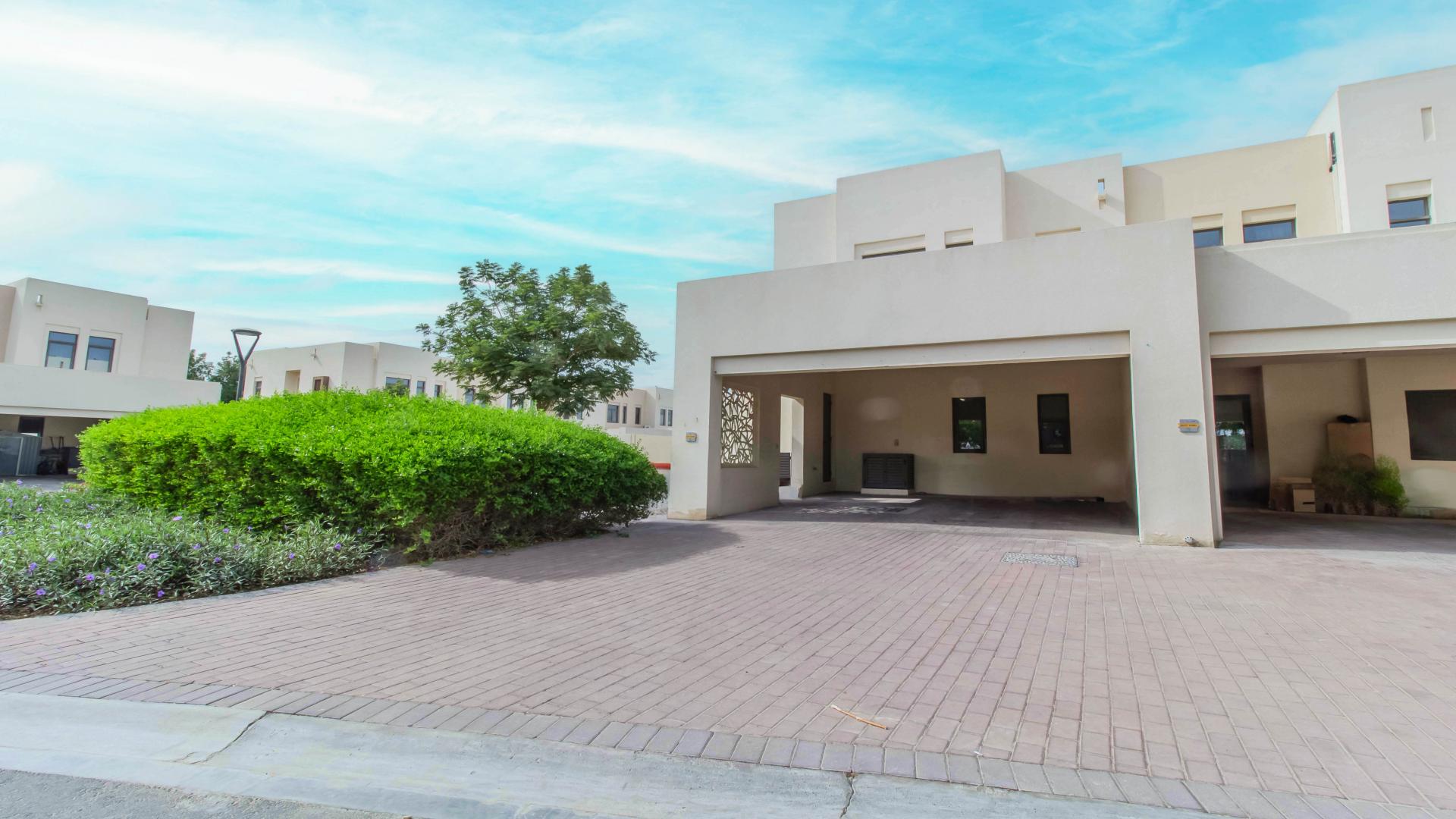 Corner villa interior with large windows, tiled floor, Reem community, Mira Oasis, for rent