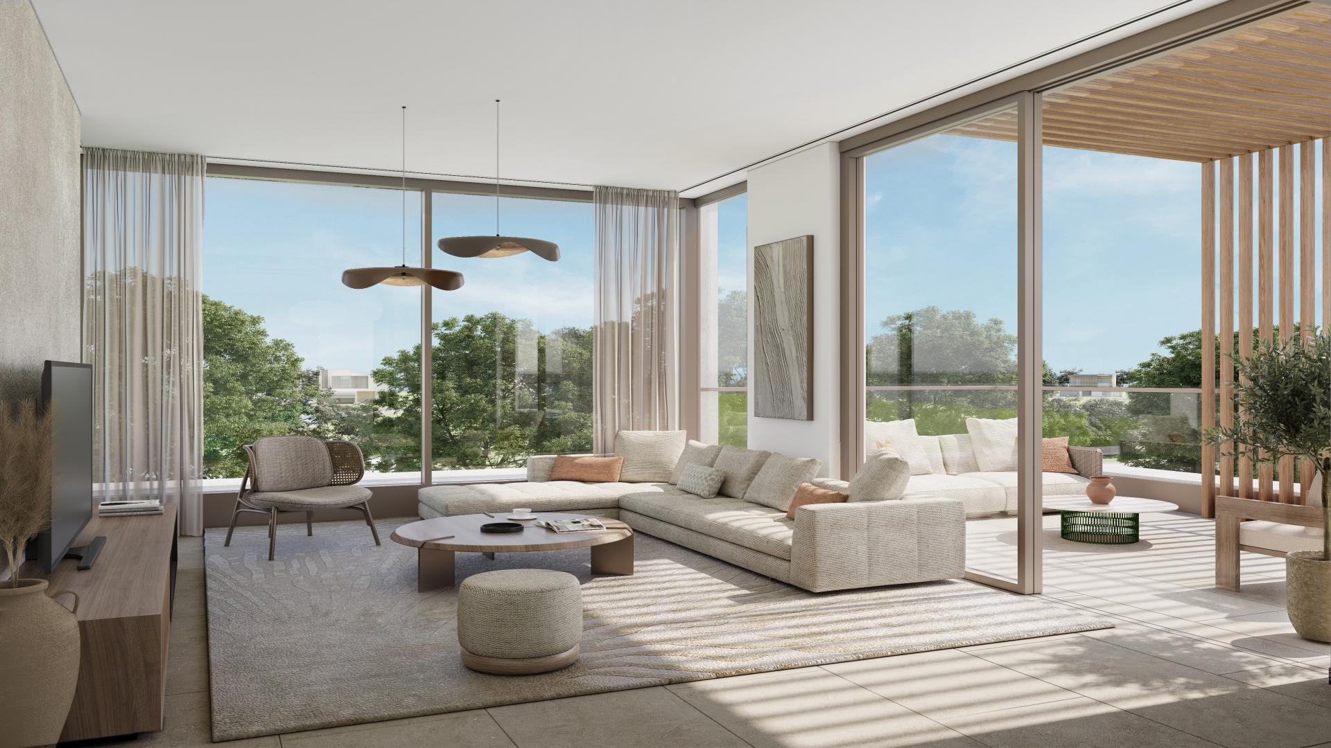 Modern 3-bedroom villa exterior in The Acres, Dubai Land, with carport and lush landscaping