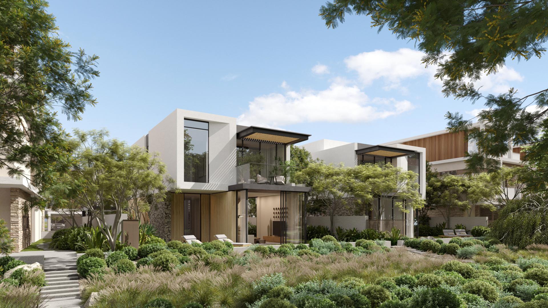 Modern living room in villa at The Acres, Dubai Land with large windows and elegant decor