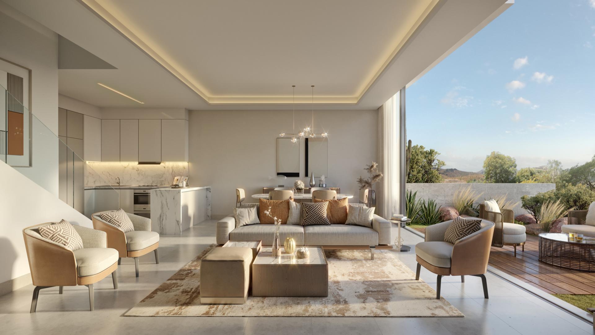 Modern dining and living area in 3-bedroom ocean view villa, Muscat