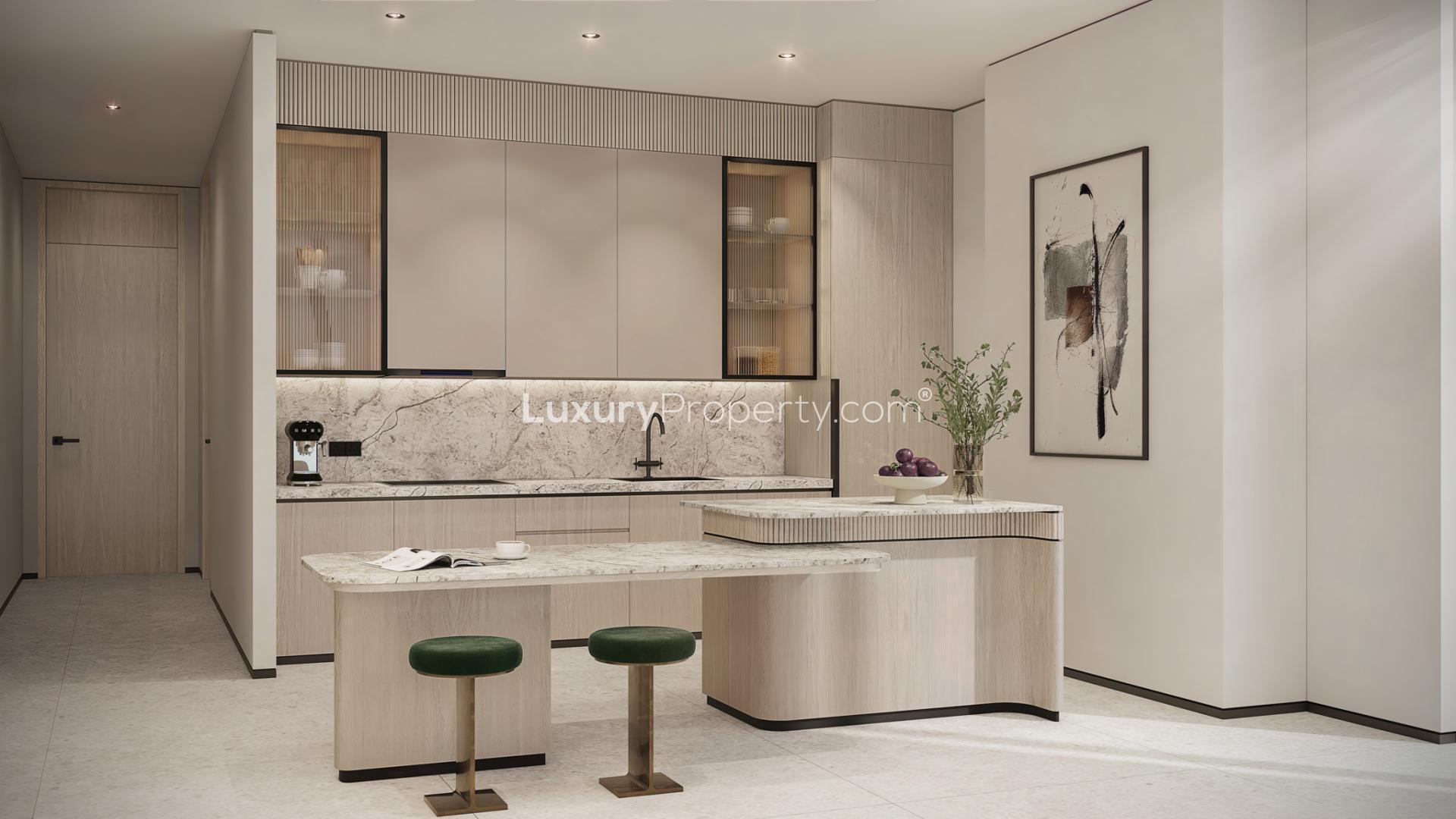 Luxurious living room in 4-bed sky villa, Atélis, Dubai Design District, with city views