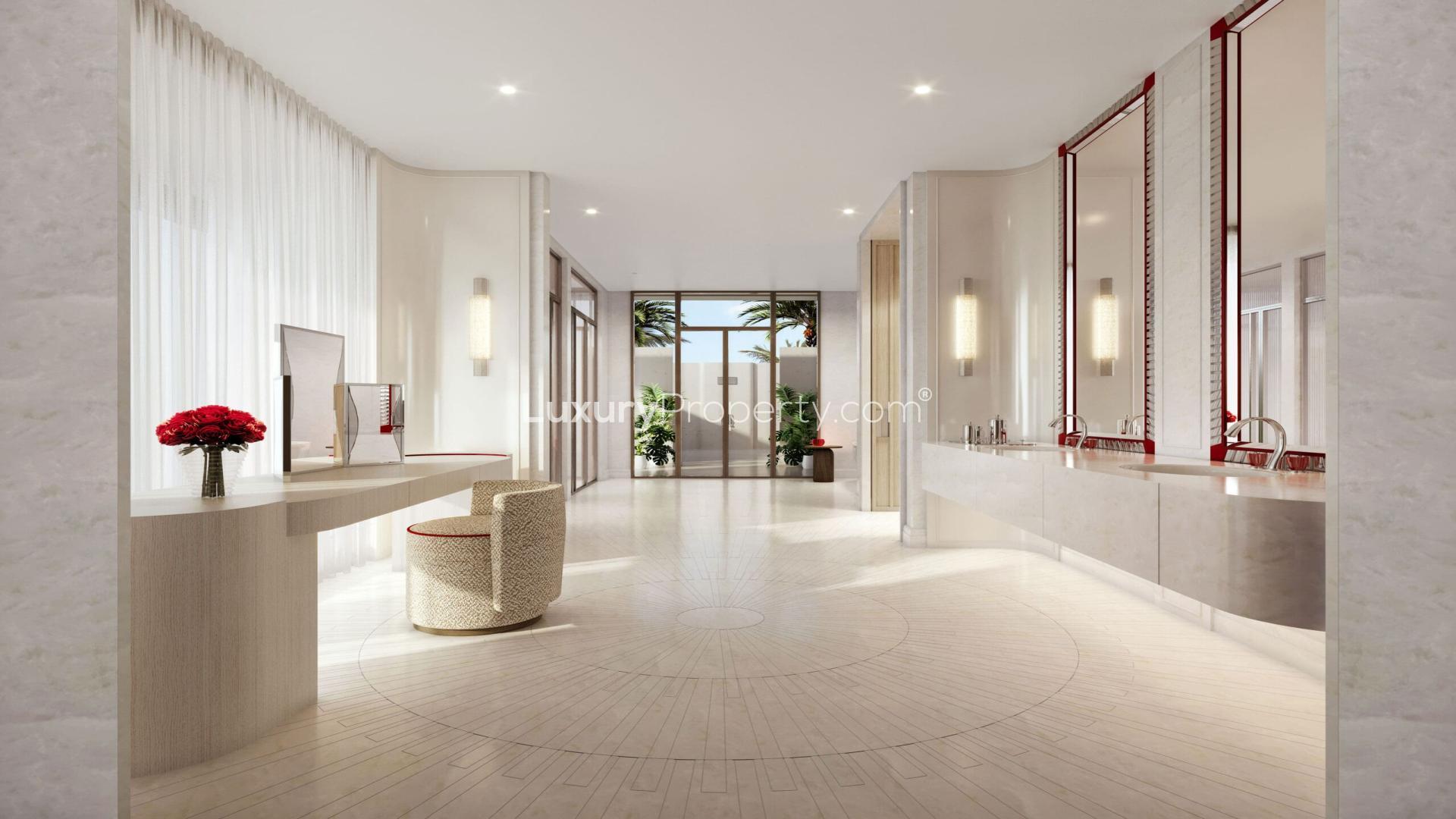 Luxurious Maldives villa bathroom with ocean view, elegant decor, and modern fixtures