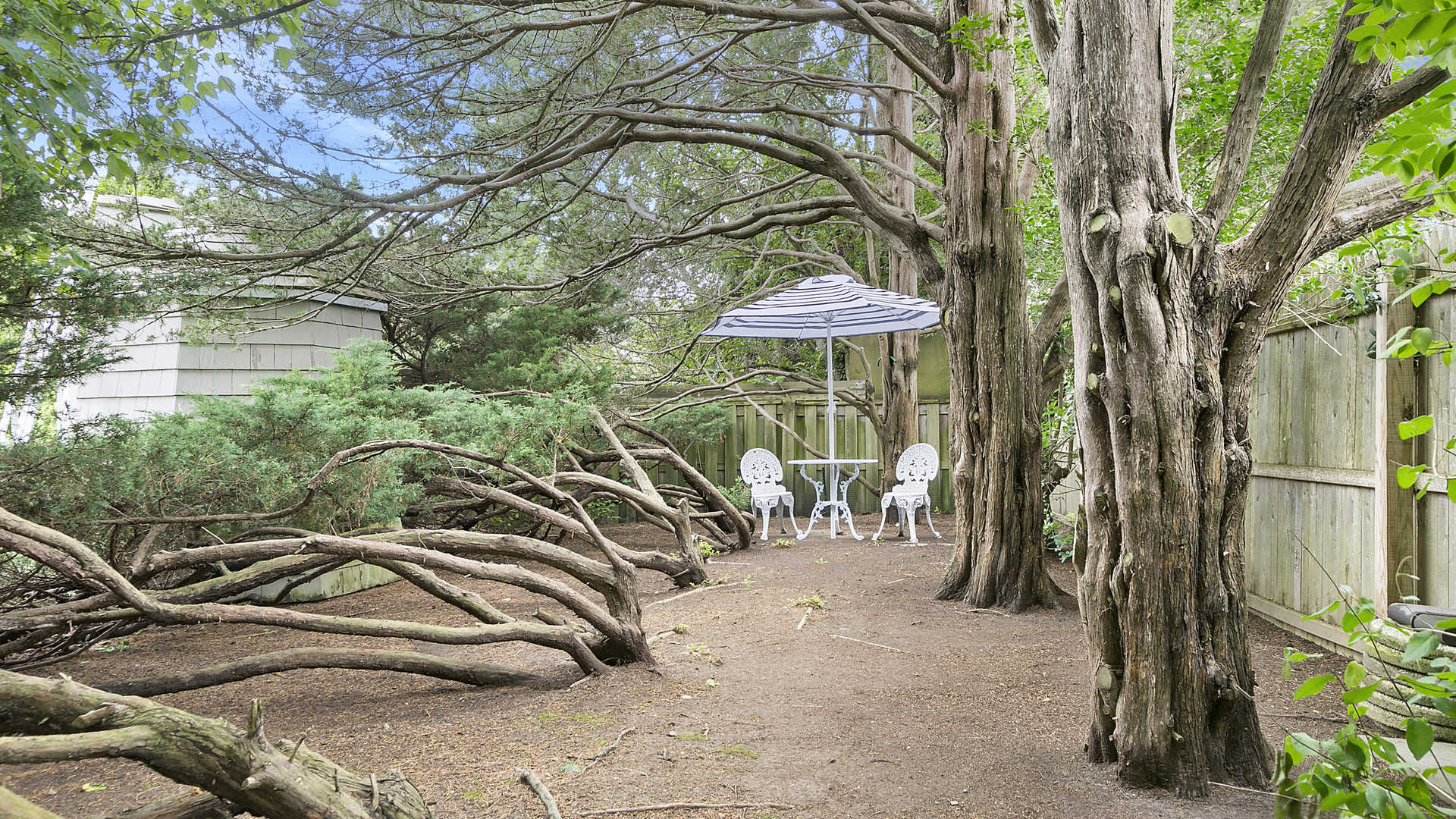 Lush garden with small windmill at villa, 106 Potato Field Lane, Southampton