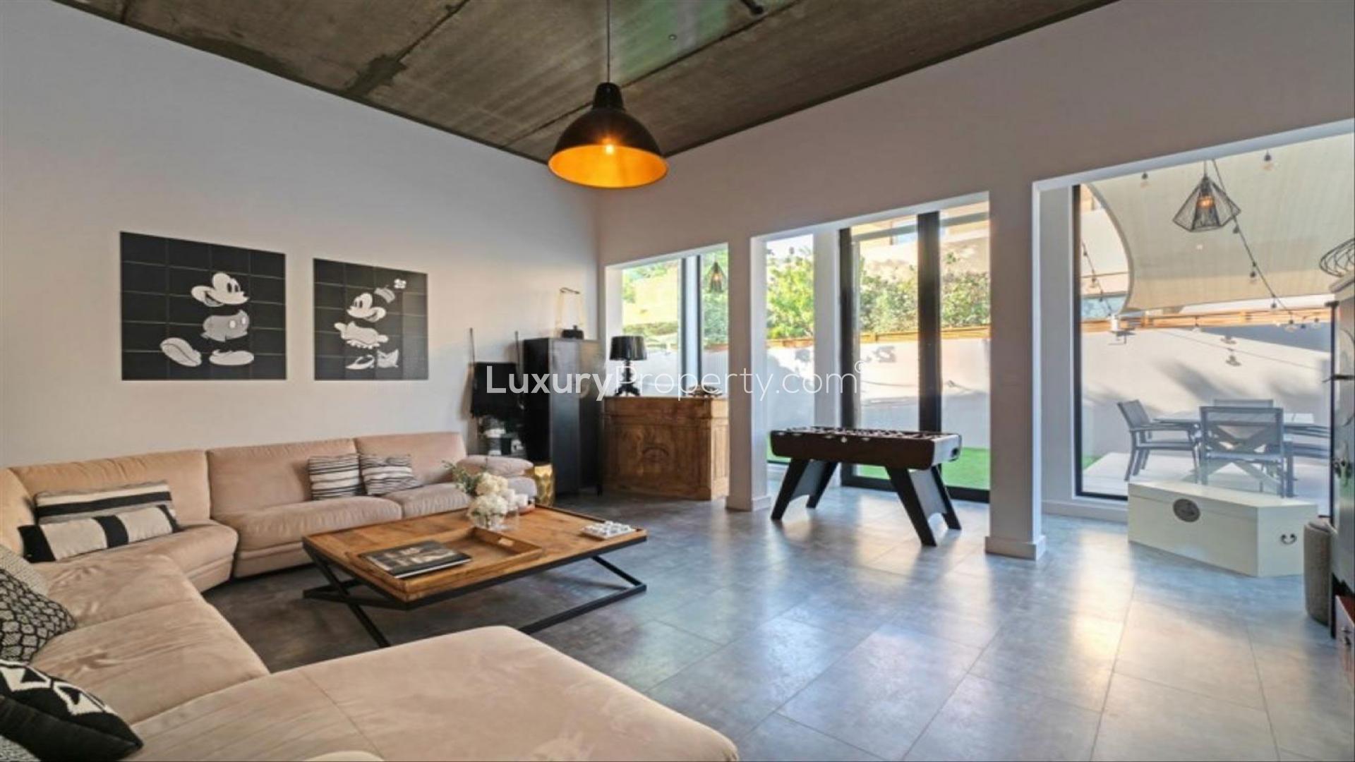 Balcony view of Arabian Ranches villa, overlooking lush greenery in Saheel community