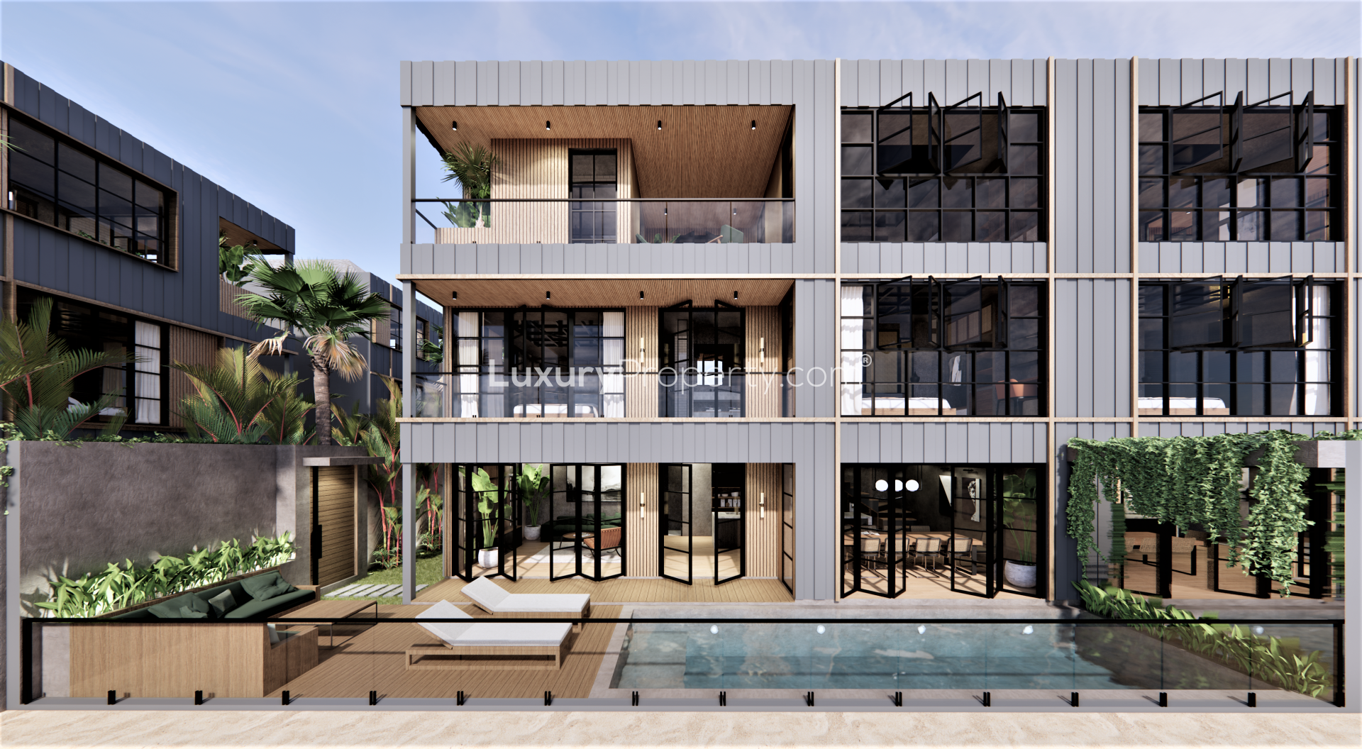Luxurious 3-bedroom villa exterior in Secana Beach Town, Bali, with modern architectural design