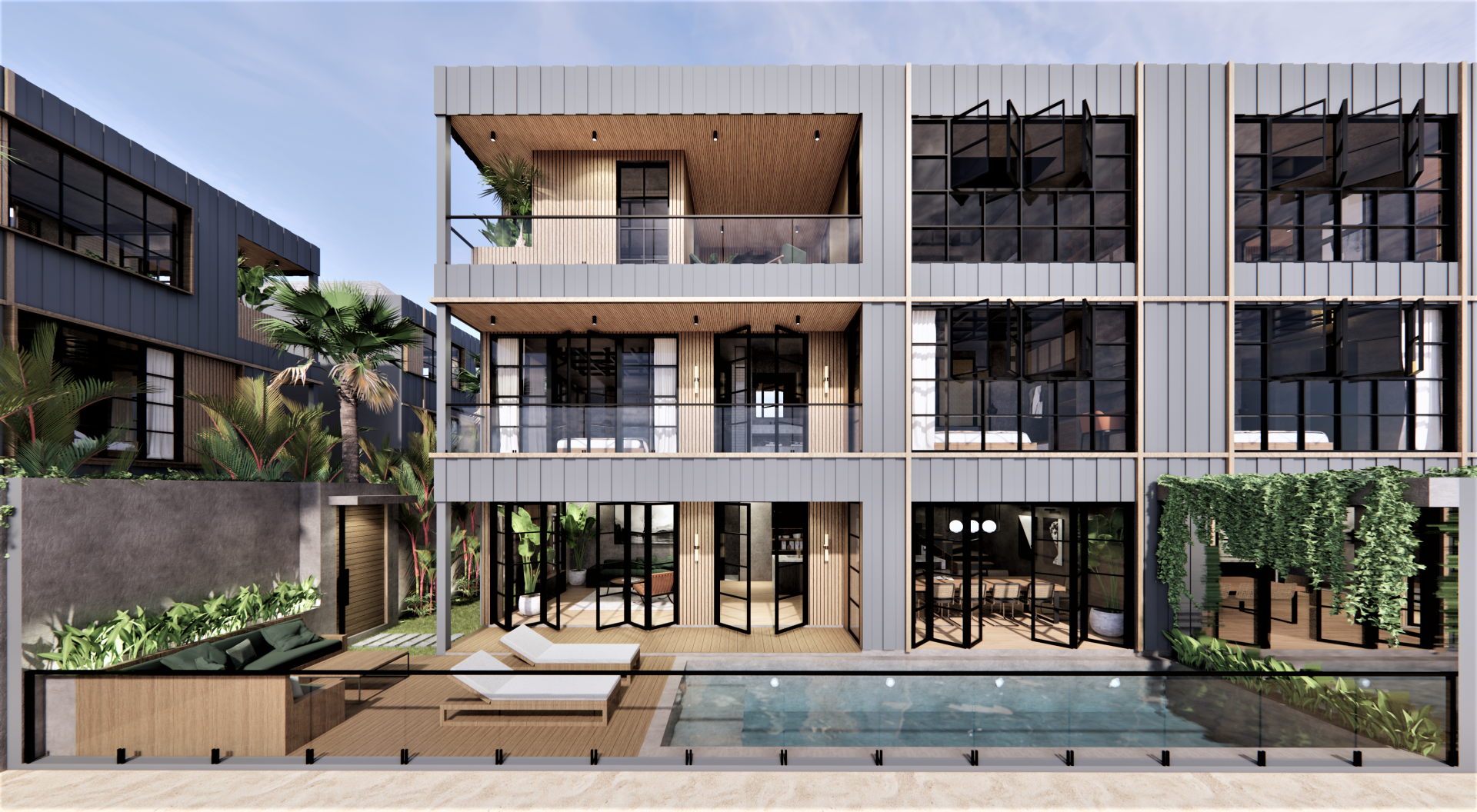 Luxurious 3-bedroom villa exterior in Secana Beach Town, Bali, with modern architectural design