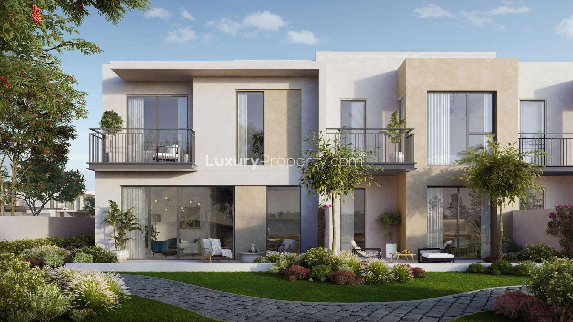 Floorplan of three-bedroom townhouse in Camelia, Arabian Ranches 2, featuring two floors