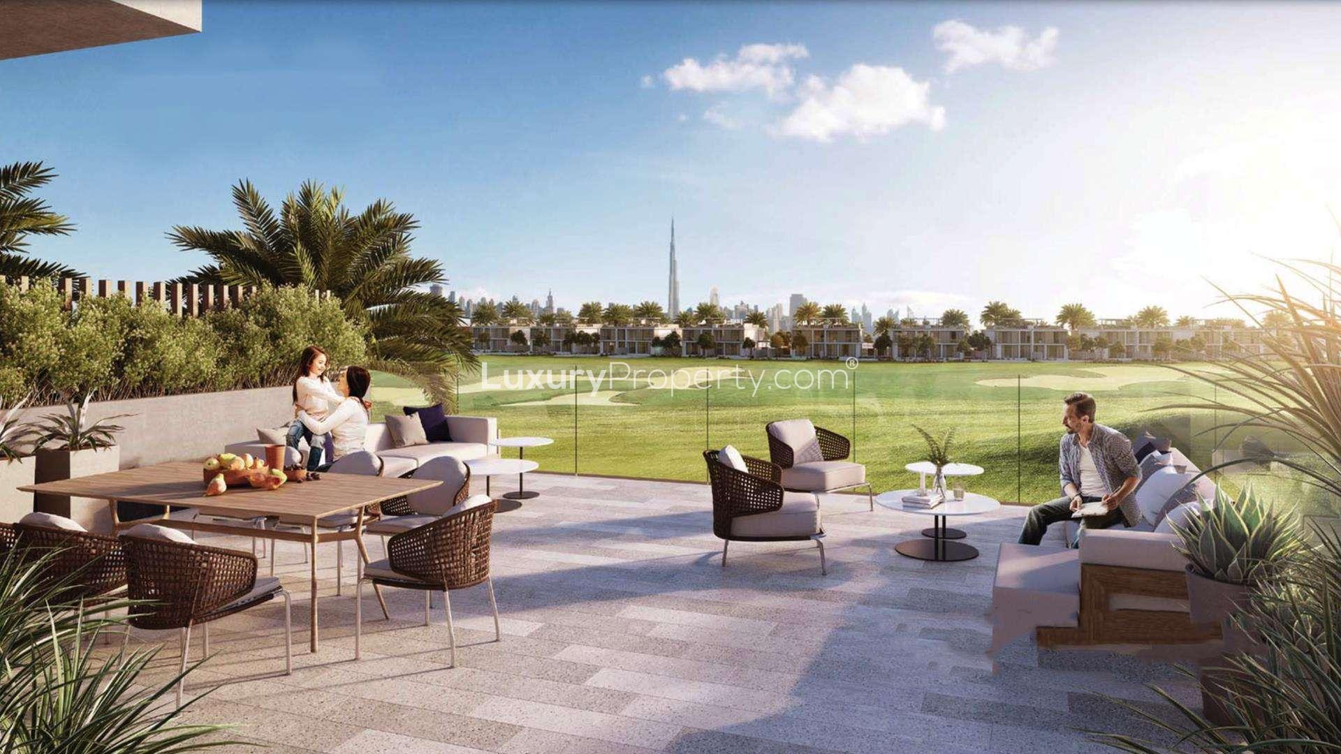 Contemporary 3-bedroom villa exterior in Club Villas, Dubai Hills Estate, lush garden view