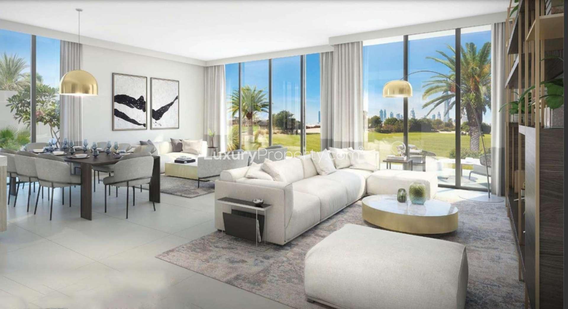 Contemporary 3-bedroom villa exterior in Club Villas, Dubai Hills Estate, with palm-lined street