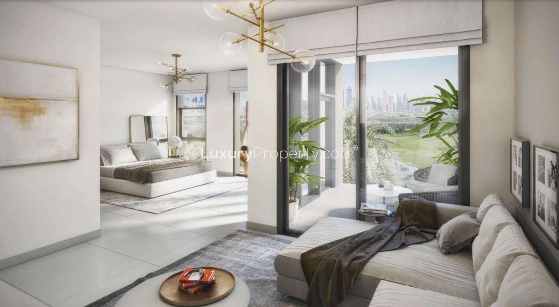Contemporary living room in 3-bedroom villa, Dubai Hills Estate, with garden view