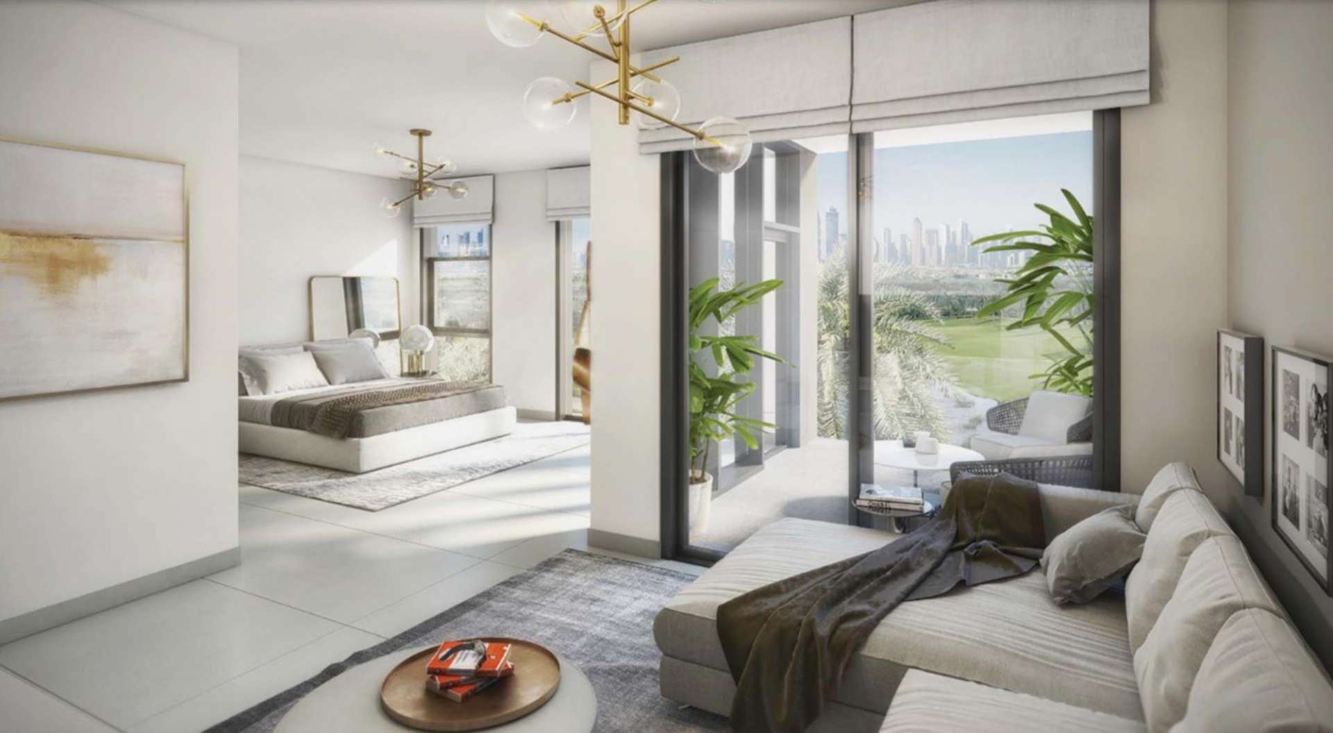 Contemporary living room in 3-bedroom villa, Dubai Hills Estate, with garden view