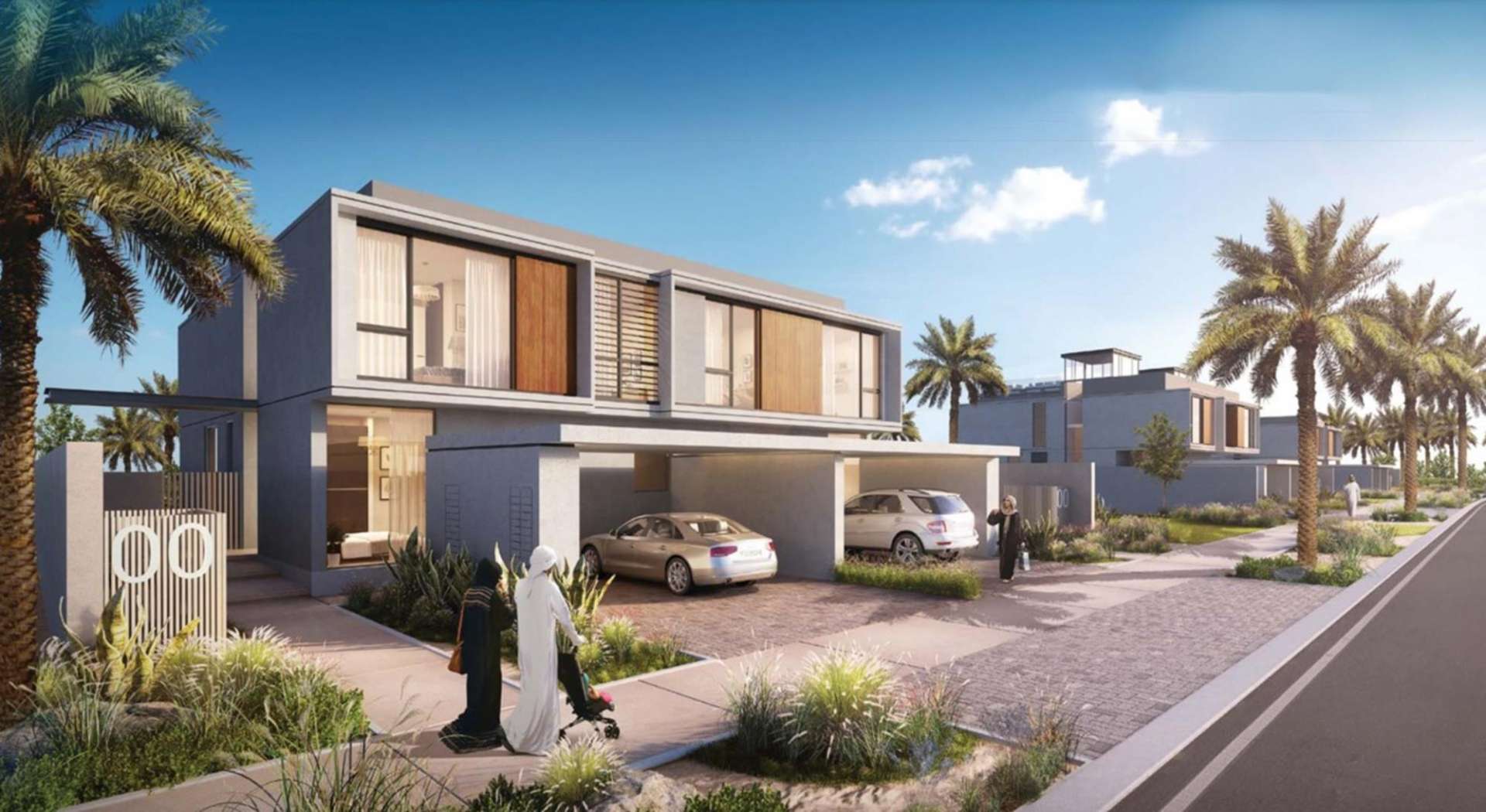 Contemporary dining and living area in Dubai Hills Estate villa with golf course view