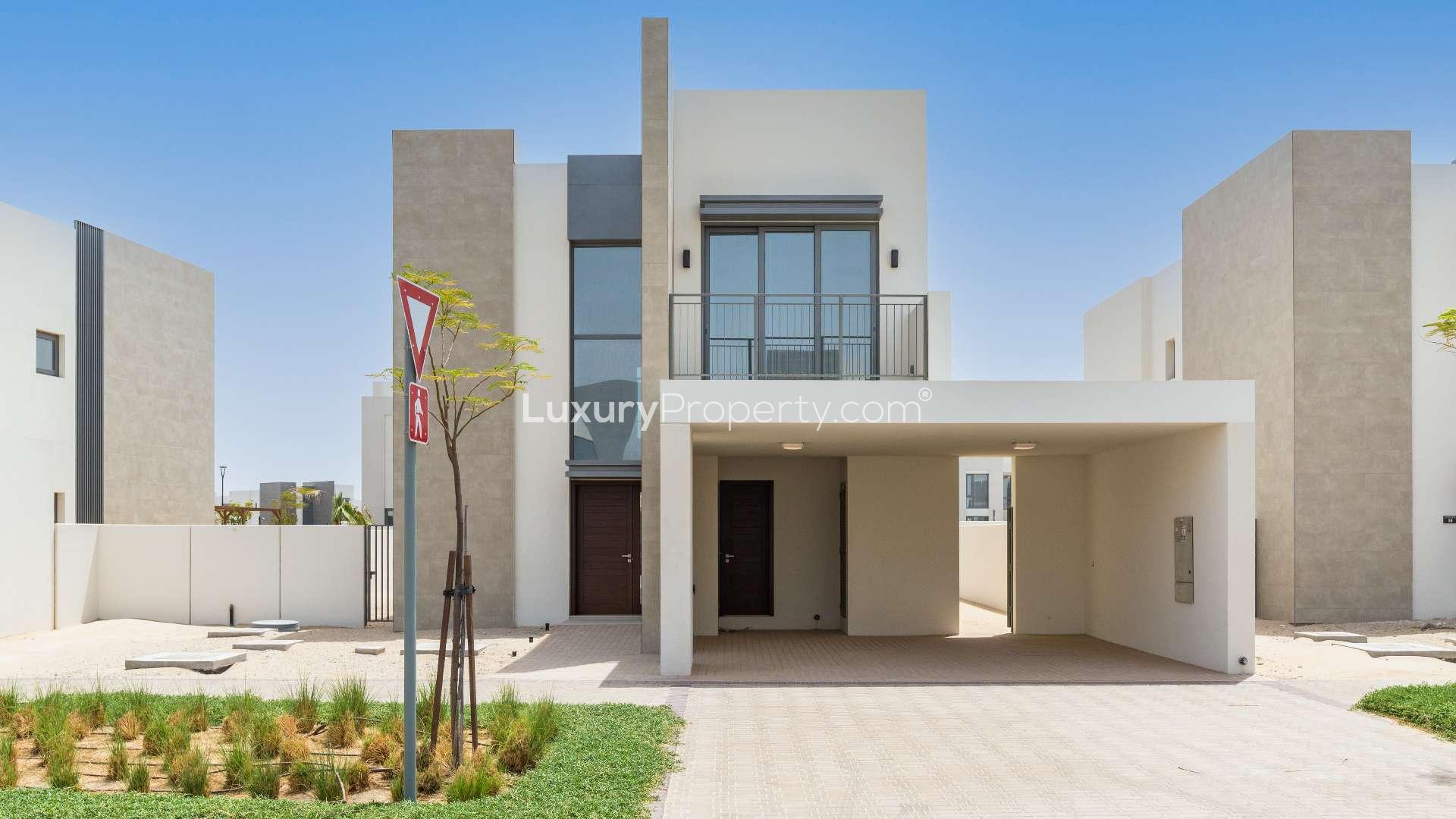 Outdoor seating area at spacious villa in Emaar South Golf Links, Dubai