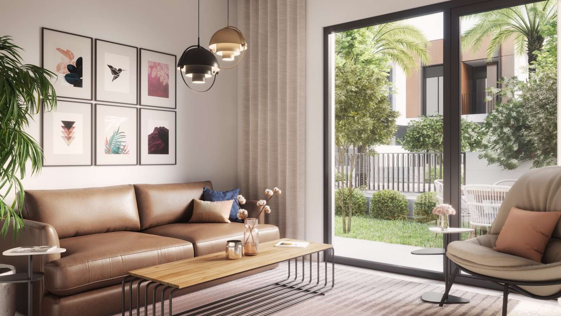 Elegant living room in Dubai South villa with garden view, modern decor, and artwork