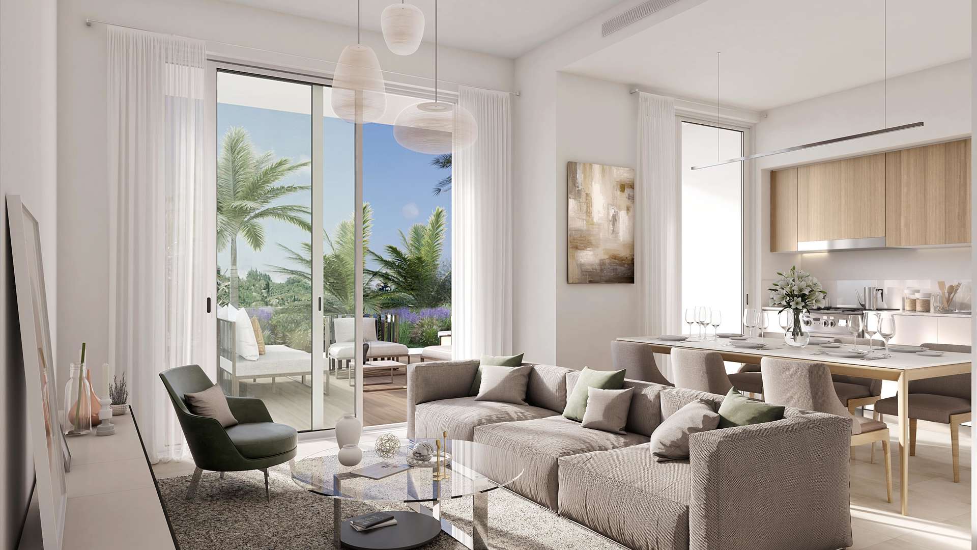 Luxurious living room in Emaar South villa with modern decor and garden view