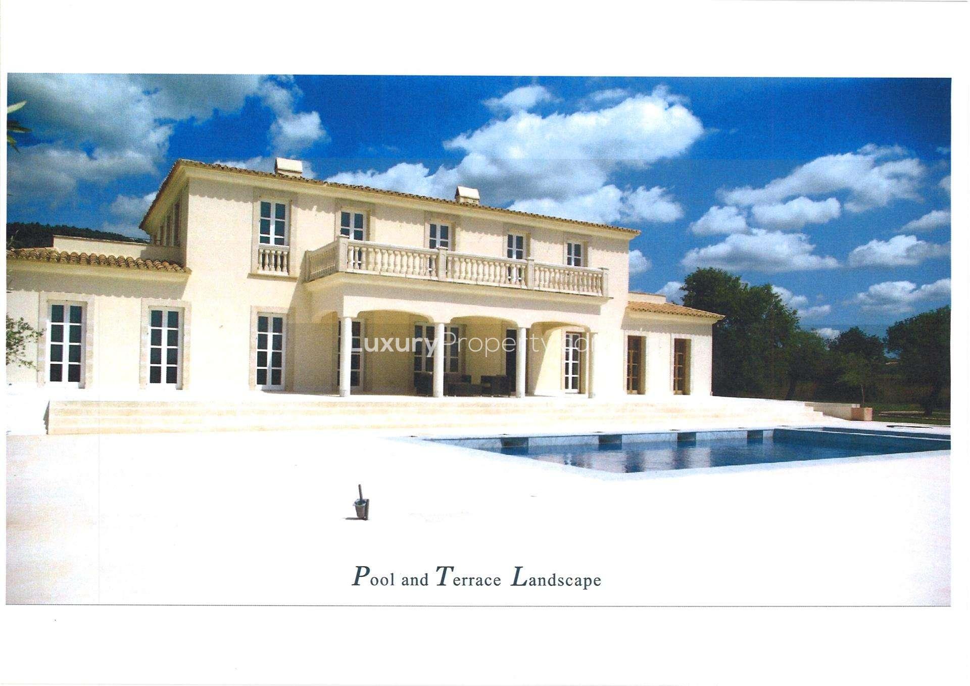 "Spacious terrace view of Mallorca's countryside from luxury villa for sale, Finca community.",Beautiful Mallorca villa with pool and terrace, Finca community, for sale