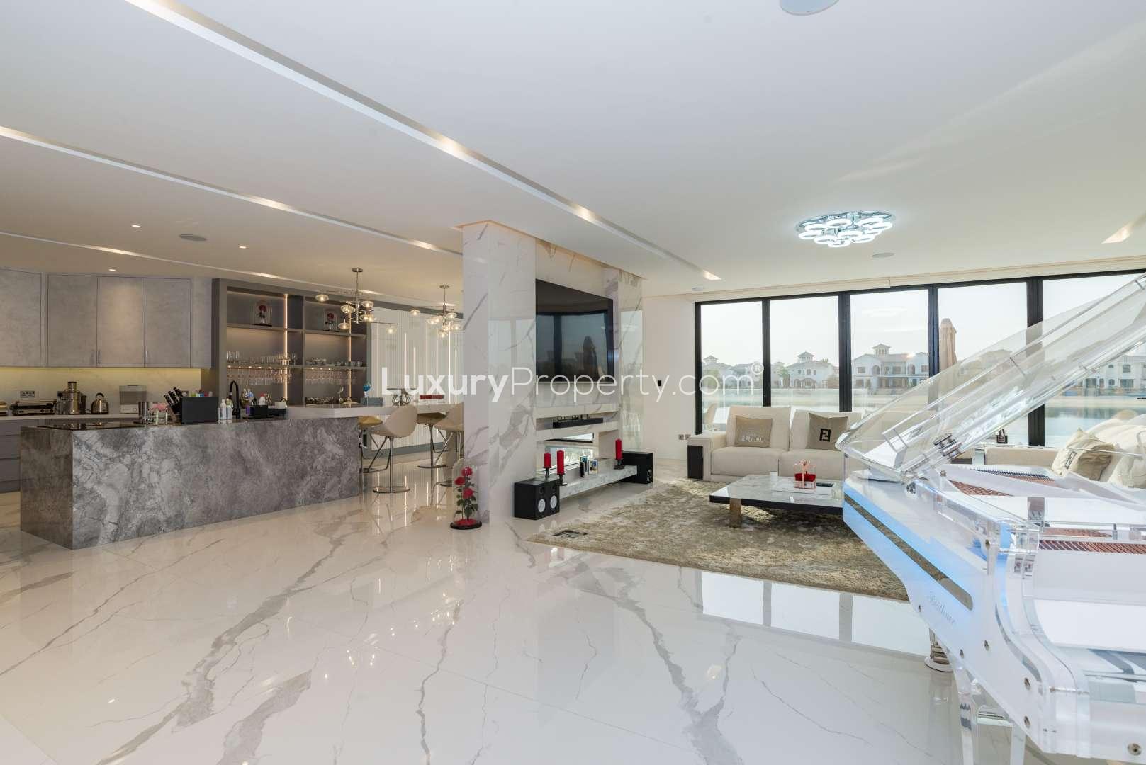 Modern kitchen interior in luxury Palm Jumeirah villa, featuring sleek design and elegant fixtures