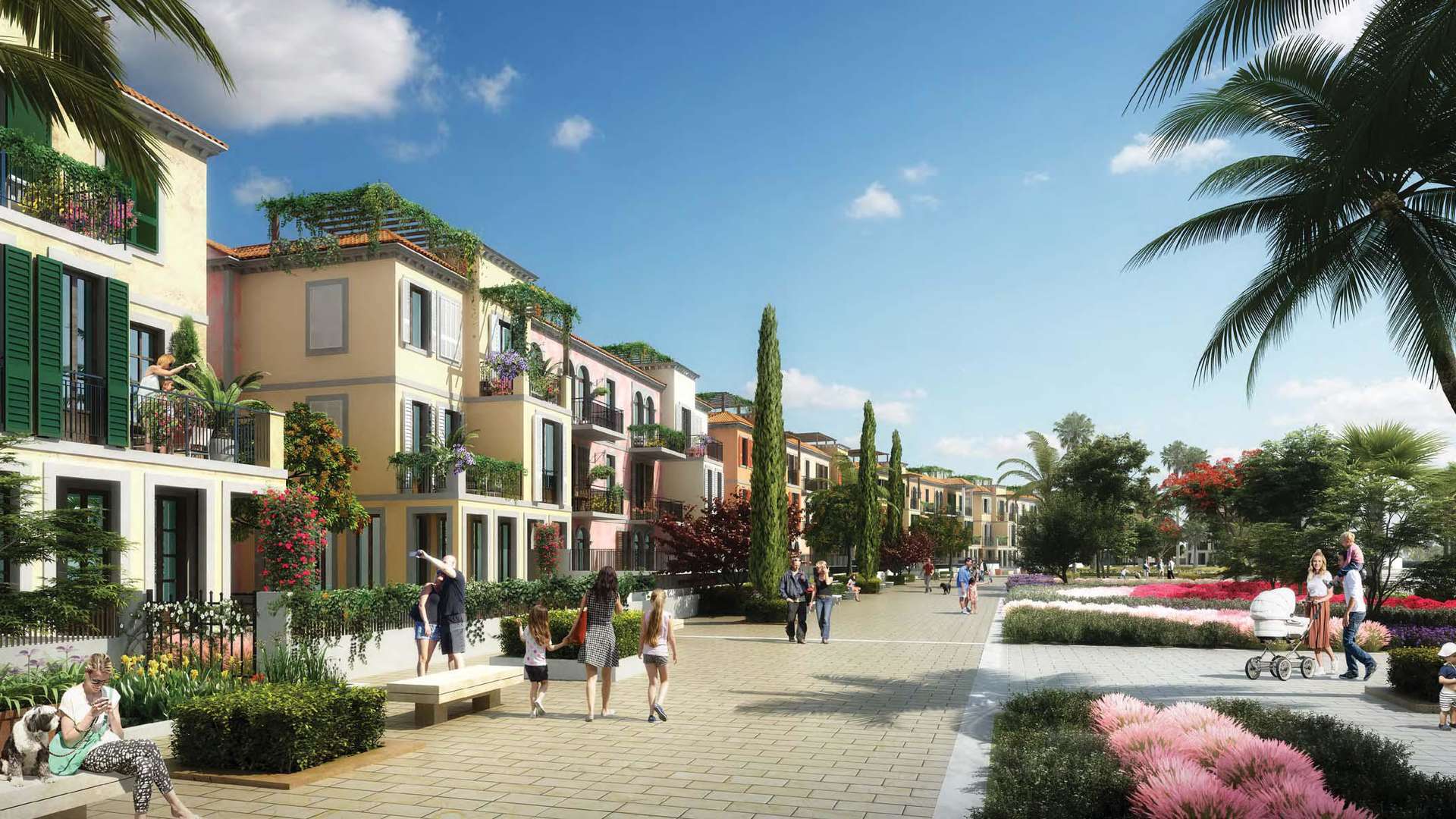 Luxurious villa exterior in La Mer, Jumeirah with balconies and garage, for sale