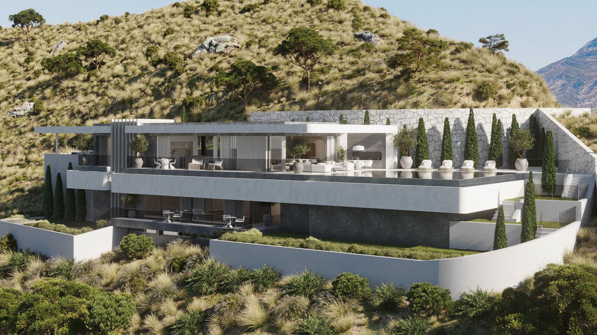 Luxurious ocean-view terrace at sustainable villa in La Quinta, Marbella, with modern seating