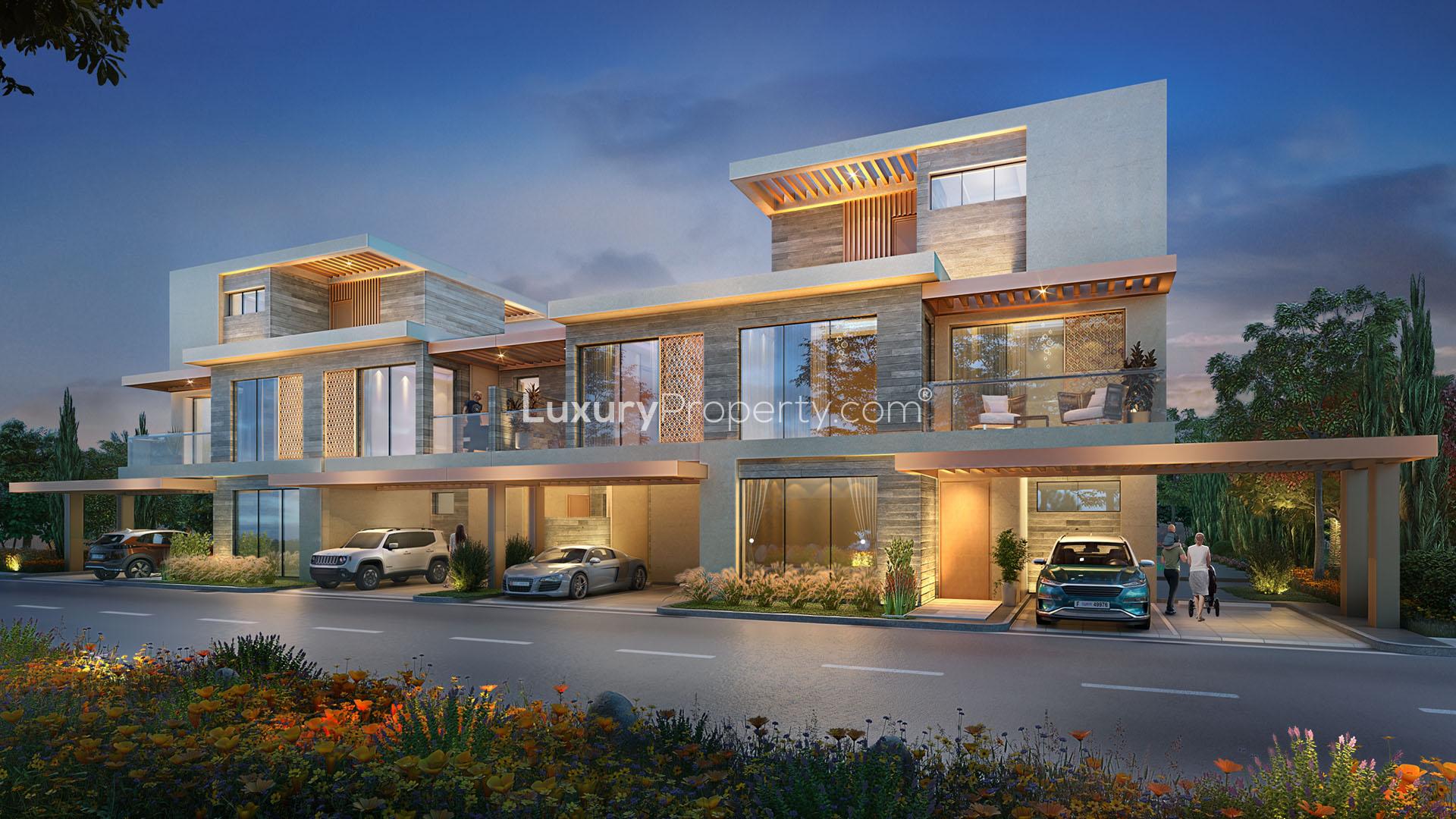 Luxurious bedroom with balcony view in three-bedroom villa, Legend Villas, Damac Hills