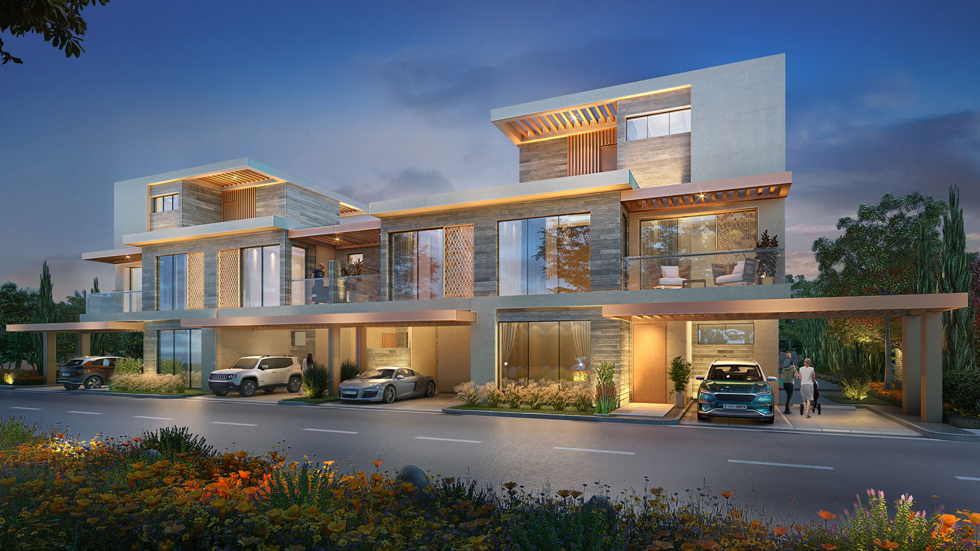 Luxurious bedroom with balcony view in three-bedroom villa, Legend Villas, Damac Hills