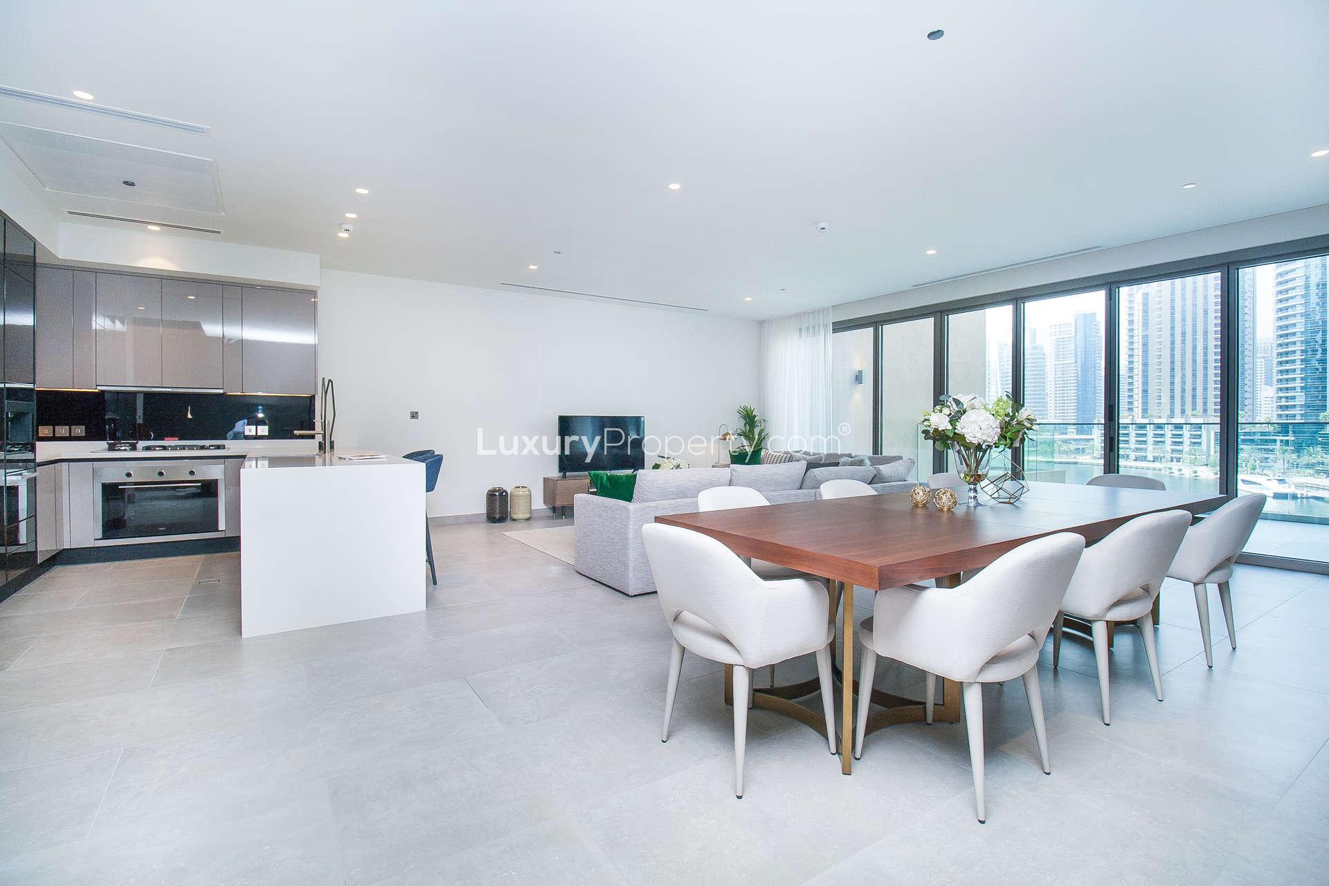 Modern interior of three-bedroom villa at Marina Gate, Dubai Marina with elegant staircase