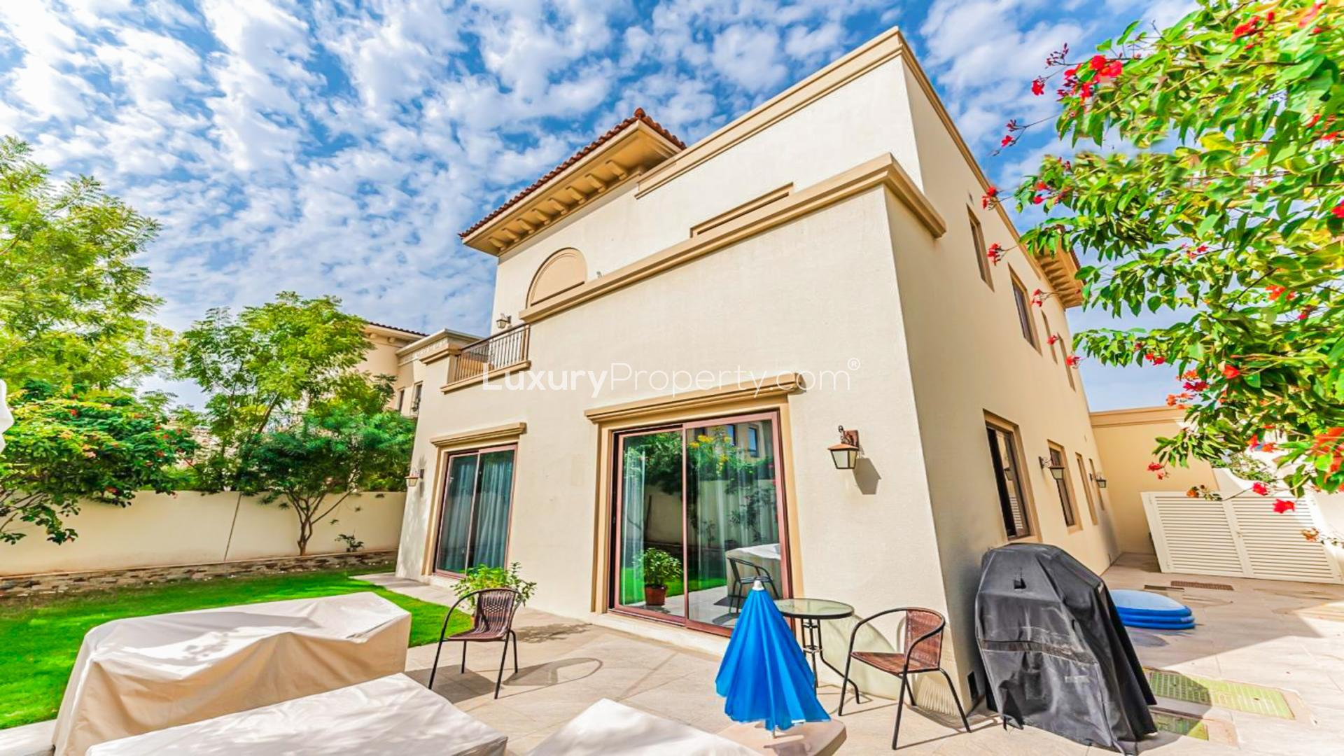 Stunning 3-bedroom villa exterior in Palma, Arabian Ranches 2, with lush landscaping