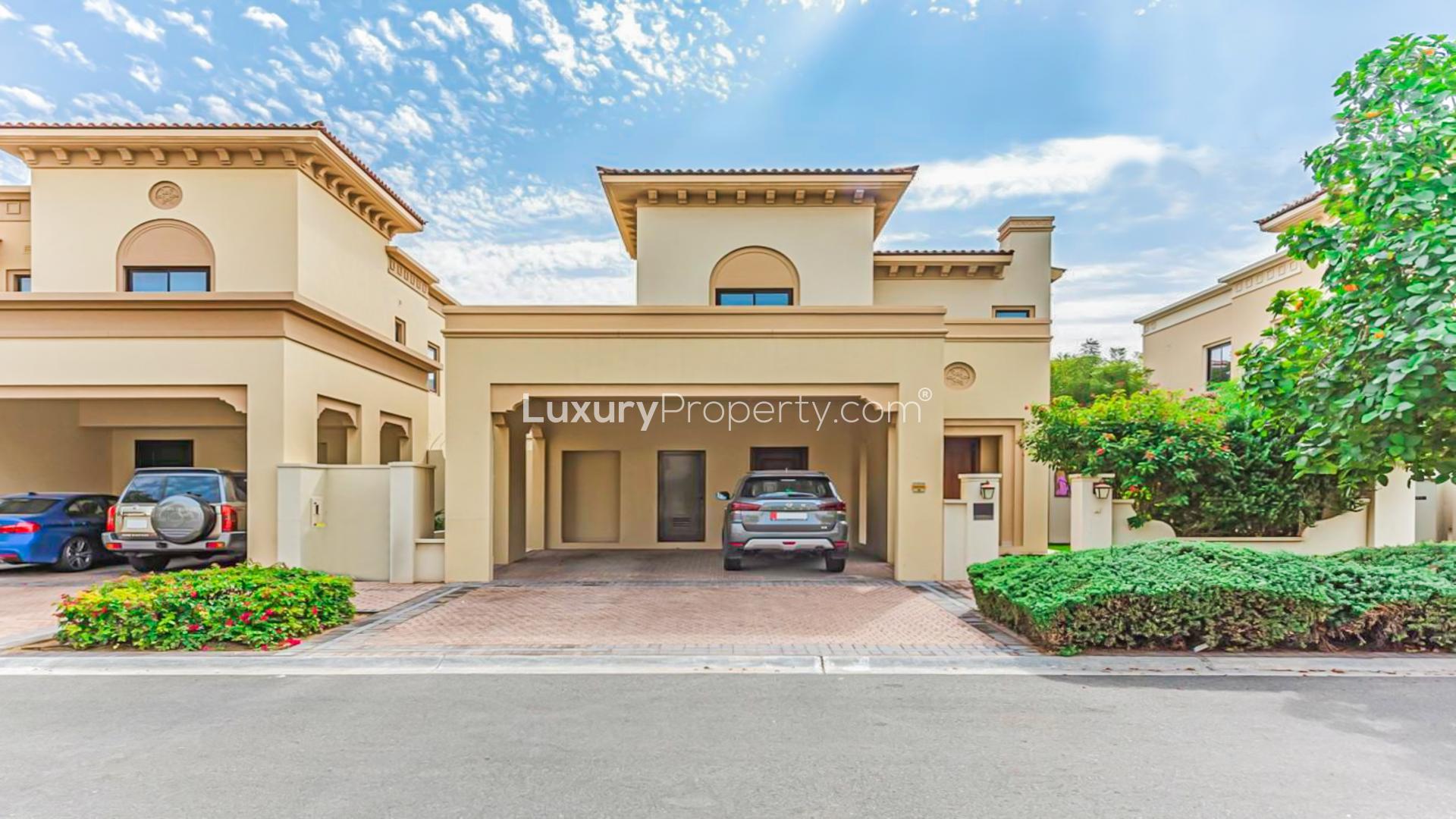 Lush garden view of 3-bedroom villa in Palma, Arabian Ranches 2 for sale