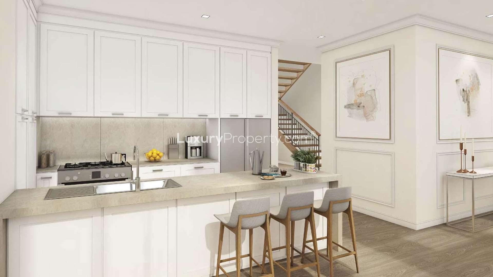 Elegant living and dining area with sea view in Sur La Mer townhouse, Jumeirah