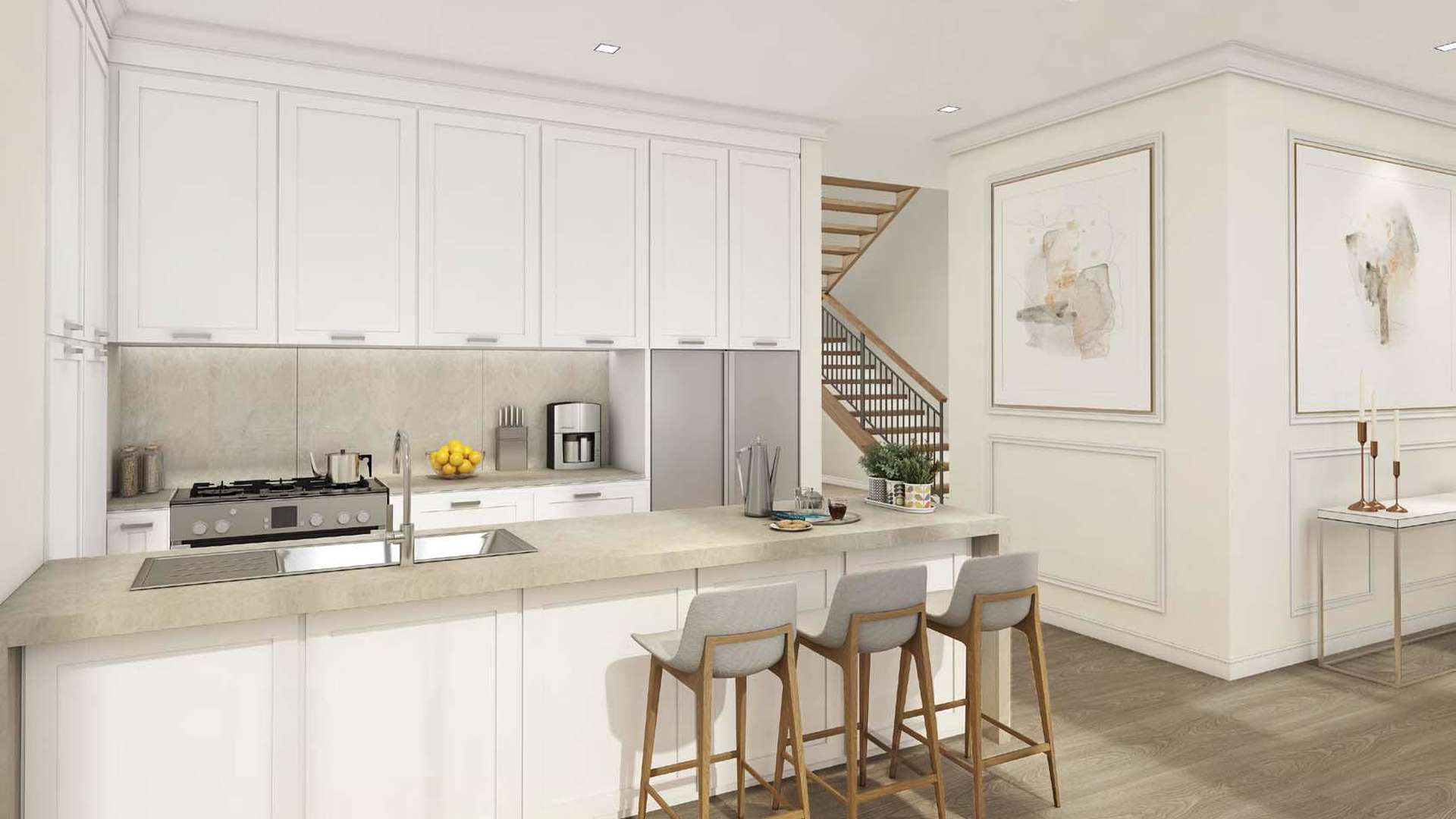 Elegant living and dining area with sea view in Sur La Mer townhouse, Jumeirah