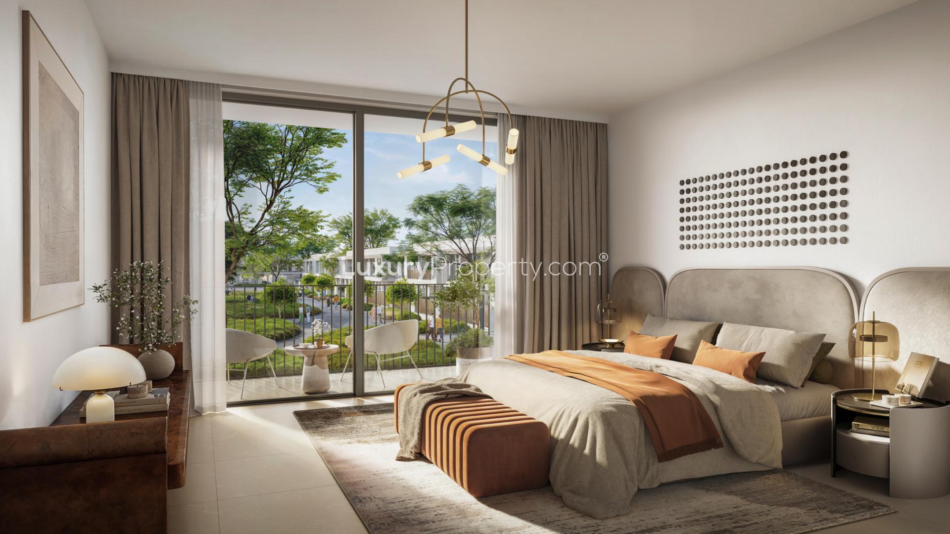 Stylish bedroom in 3-bedroom townhouse, Elea, The Valley, with balcony view