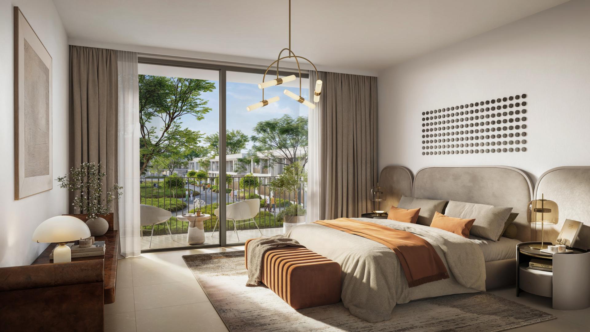 Stylish bedroom in 3-bedroom townhouse, Elea, The Valley, with balcony view