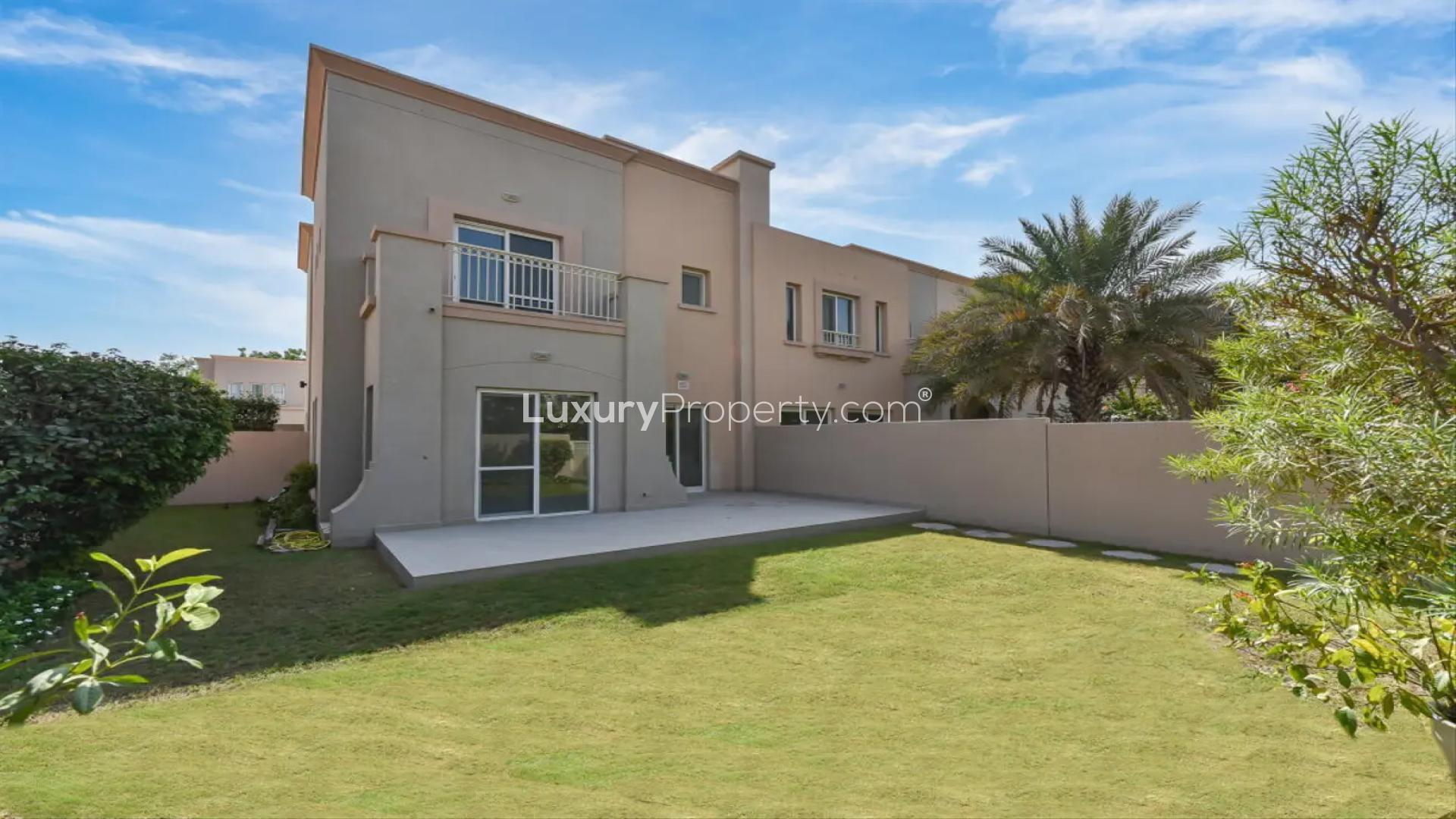 "Charming 3-bedroom villa exterior in Springs 2 community, featuring spacious driveway and greenery.",Stunning upgraded villa exterior with lush garden in Springs 2, Dubai, for sale