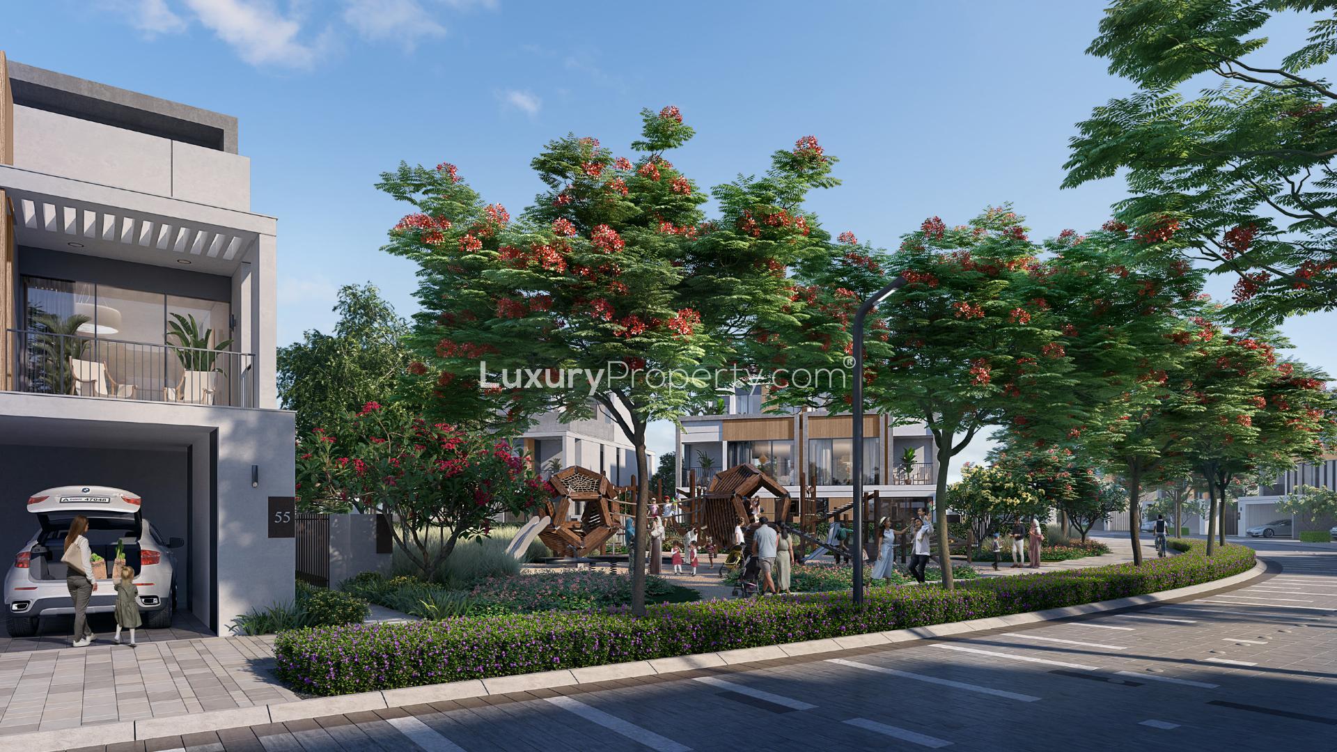 Luxurious pool area in Tilal Al Ghaf's Aura community, ideal for family relaxation