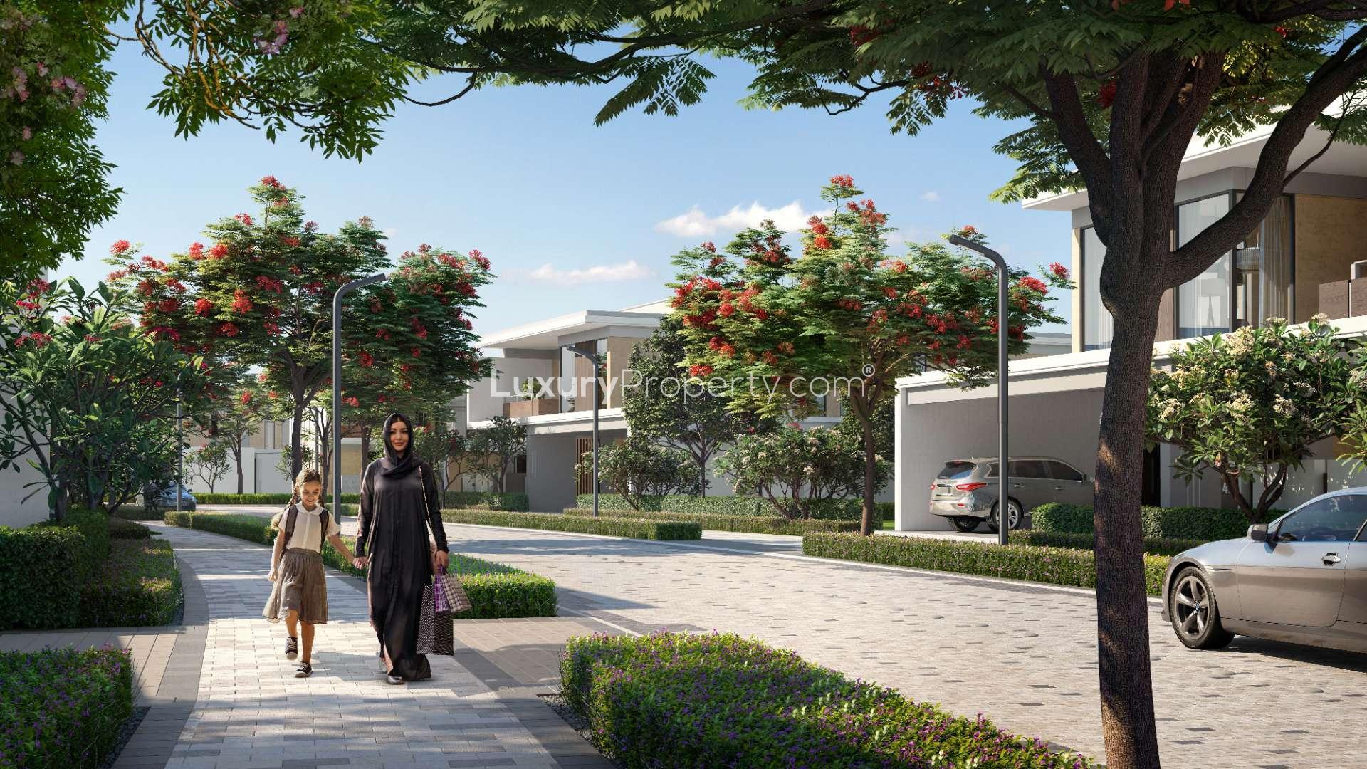 "Luxury villa with pool and garden suite in Tilal Al Ghaf, Harmony community.",Single-row villa in Harmony, Tilal Al Ghaf, with lush greenery and modern architecture