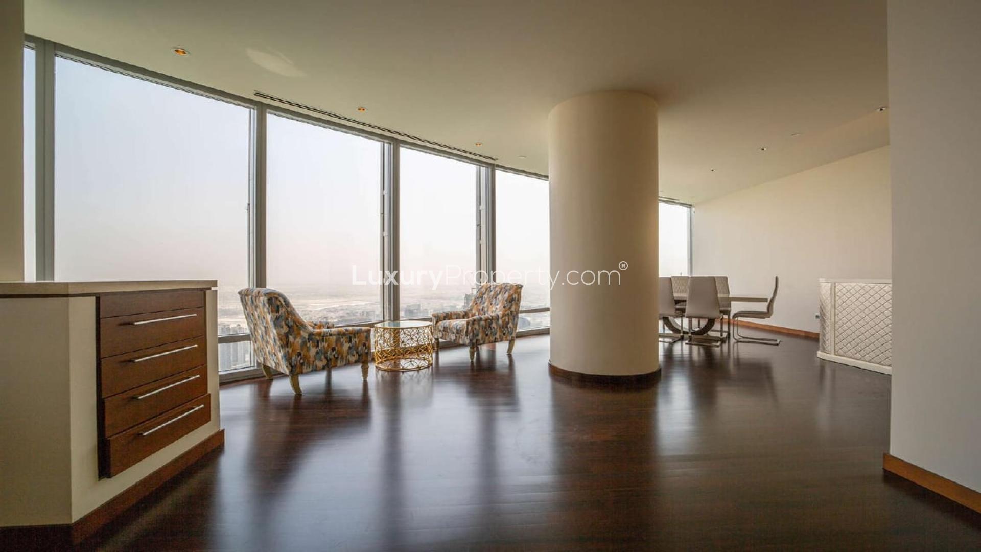 N/A,Luxurious open-plan living area in Burj Khalifa apartment, Downtown Dubai, with city views