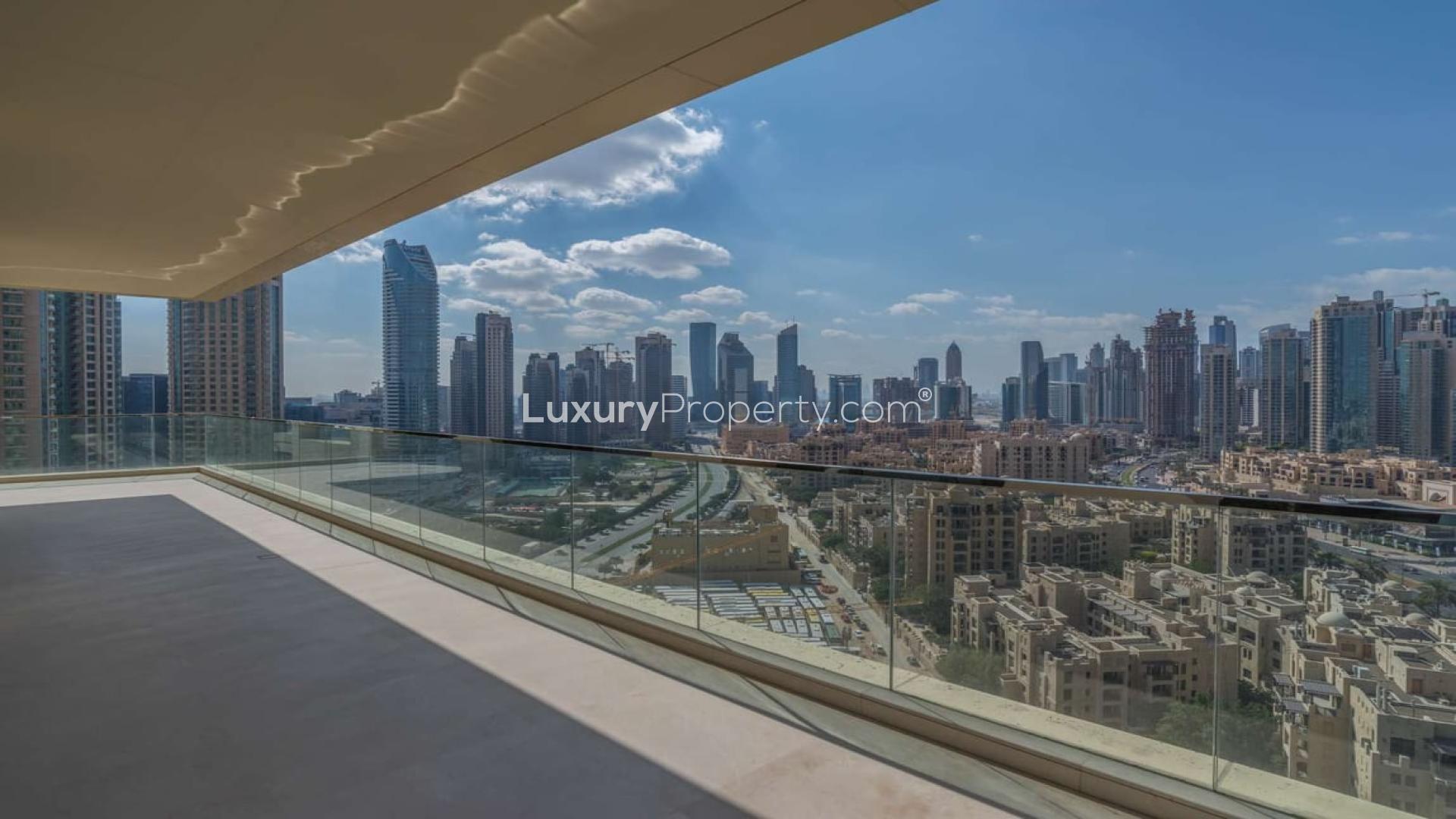 Penthouse balcony view of Downtown Dubai skyline from The 118, available for rent