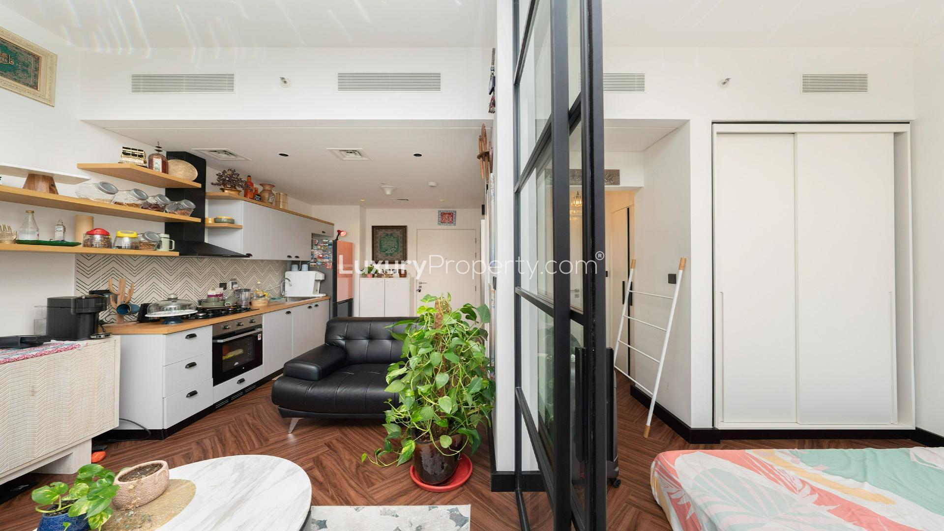 Modern kitchen and living area in Dubai Hills Estate apartment, Collective 2.0, for rent