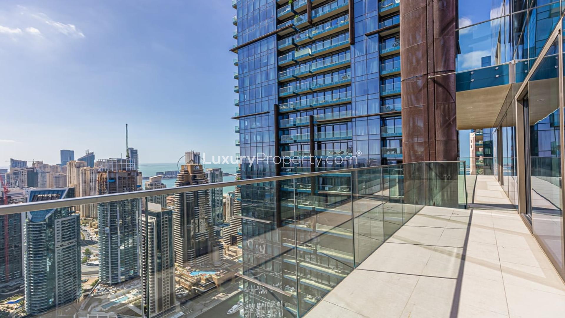 Modern interior of luxury duplex apartment in Marina Gate 1, Dubai Marina with city views