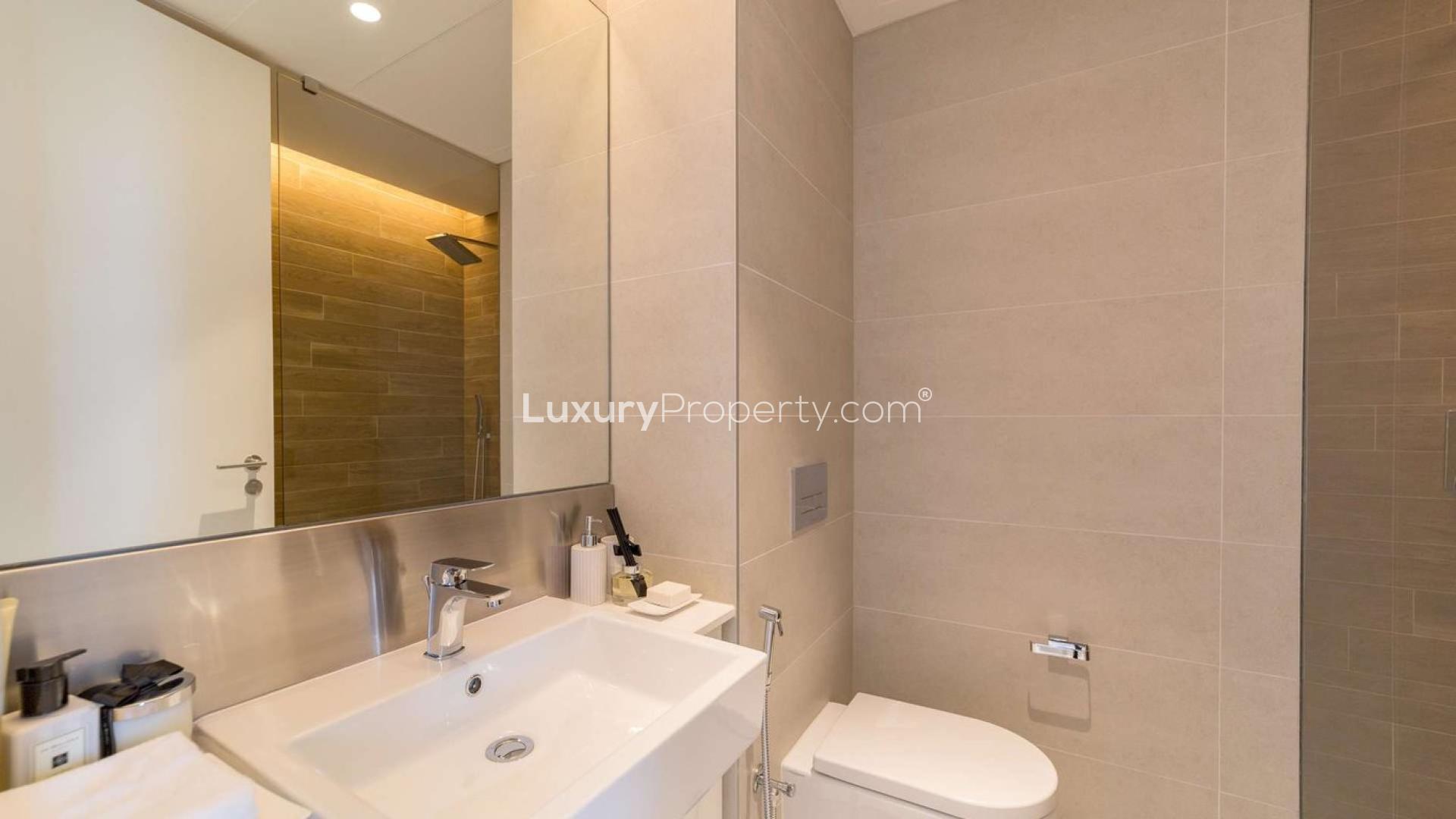 Luxury living room in two-bedroom apartment, Bluewaters Residences, JBR, open-plan kitchen view