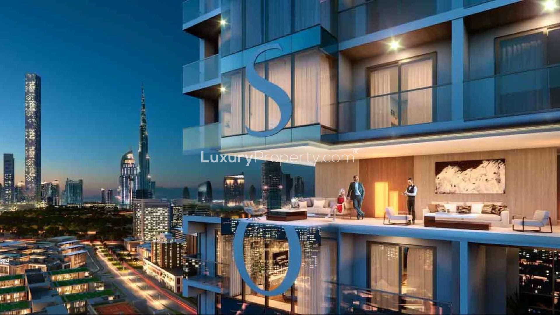 Luxurious two-bed apartment balcony view in One Park Avenue, Sobha Hartland, Dubai skyline