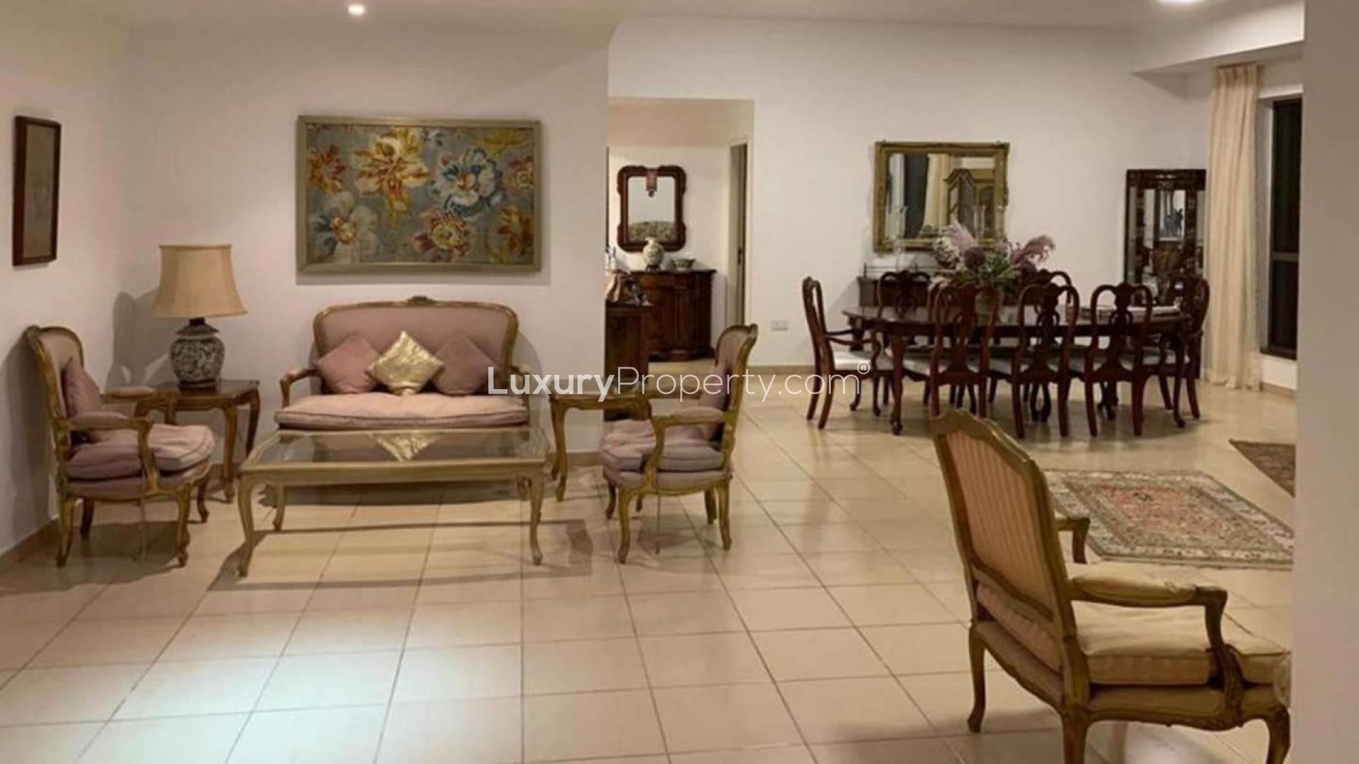Elegant living room in Rimal 5 apartment, Jumeirah Beach Residence, with classic furniture and decor