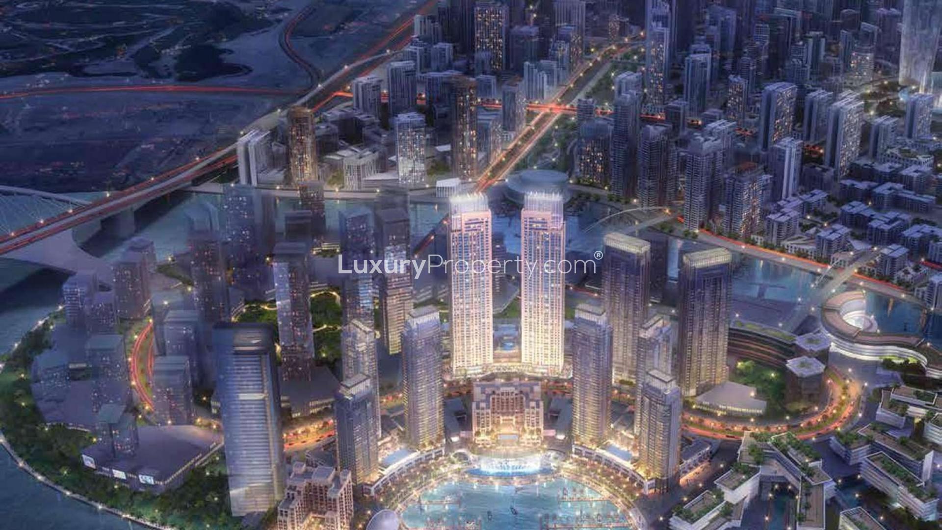 Spacious living room with balcony, stunning city skyline view in Dubai Creek Harbour apartment