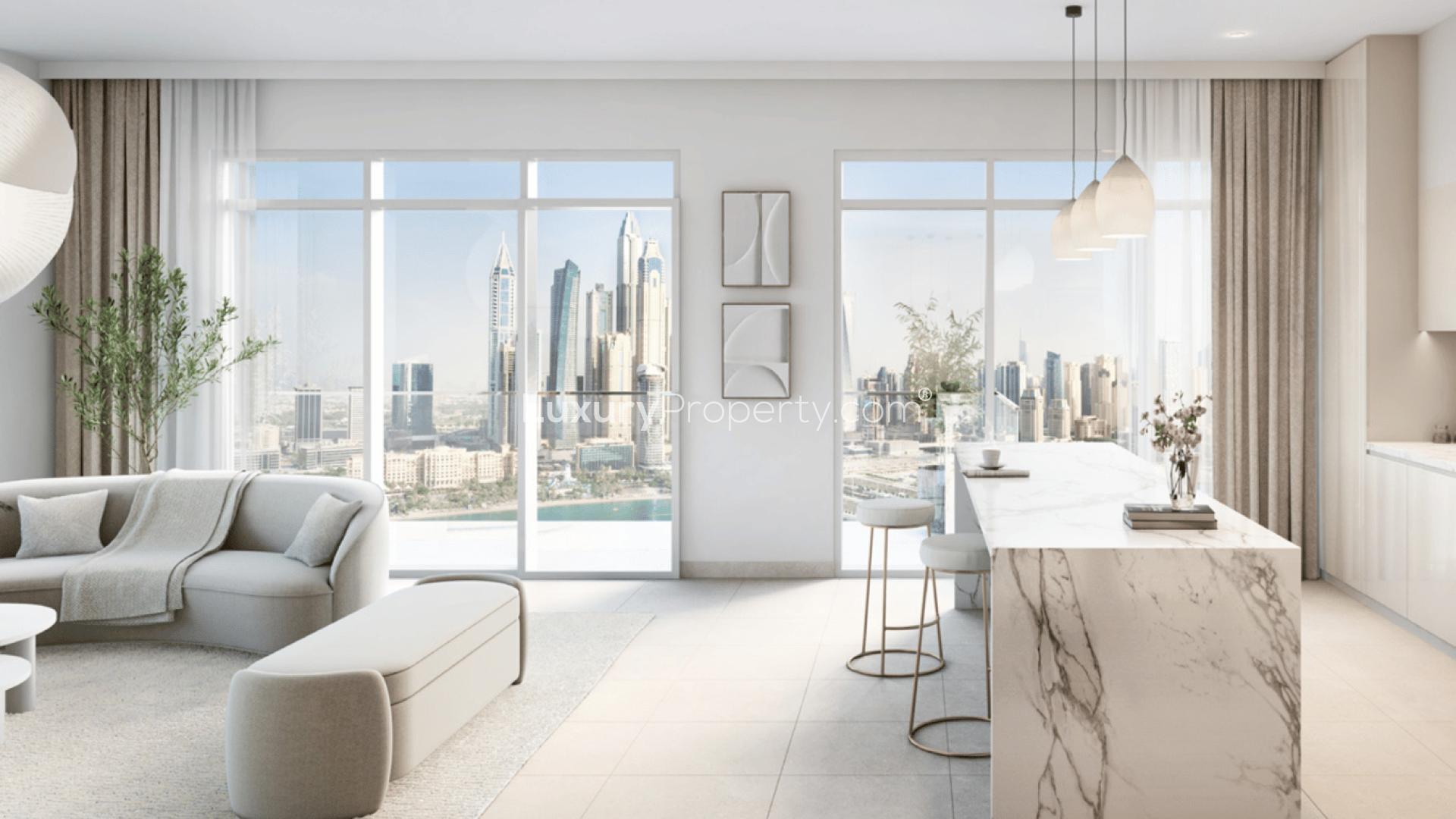 Emaar Beachfront apartment view, Dubai Harbour, near Palm Jumeirah, luxury waterfront living