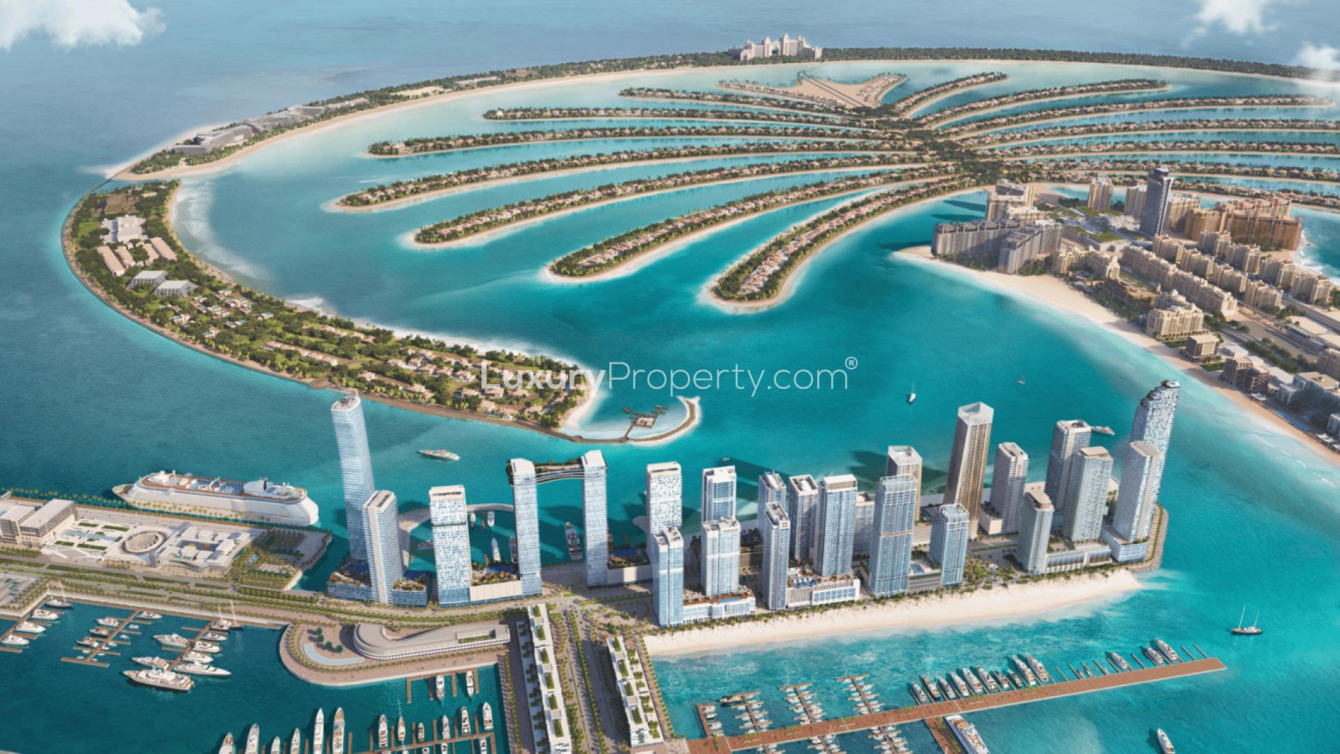 Modern living room in Emaar Beachfront 1-bedroom apartment, Dubai Harbour with sea views